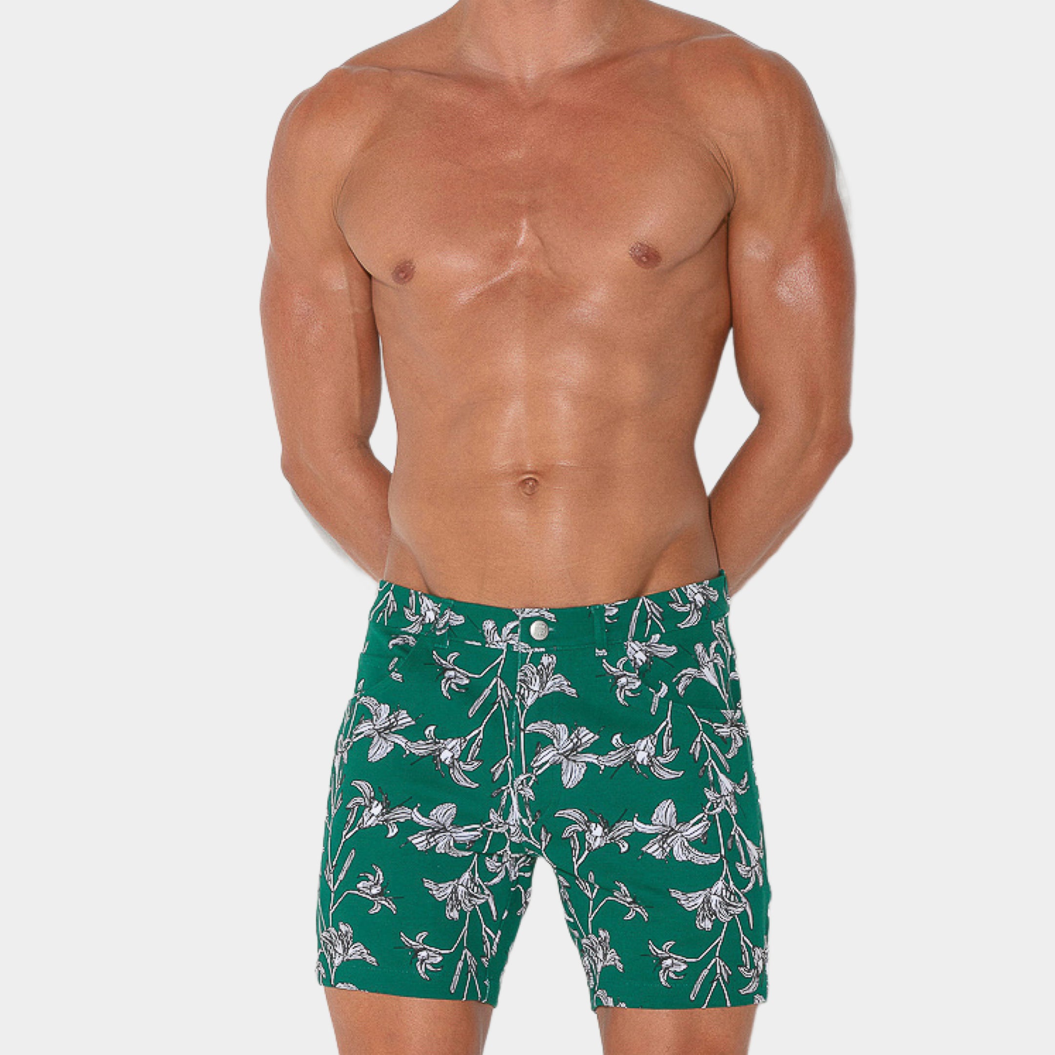 Code 22 Slim Fit 5-Pocket Stretch Shorts 9712 Floral Green - Comfortable Casual Wear for Men's Summer Outfits & Outdoor Activities