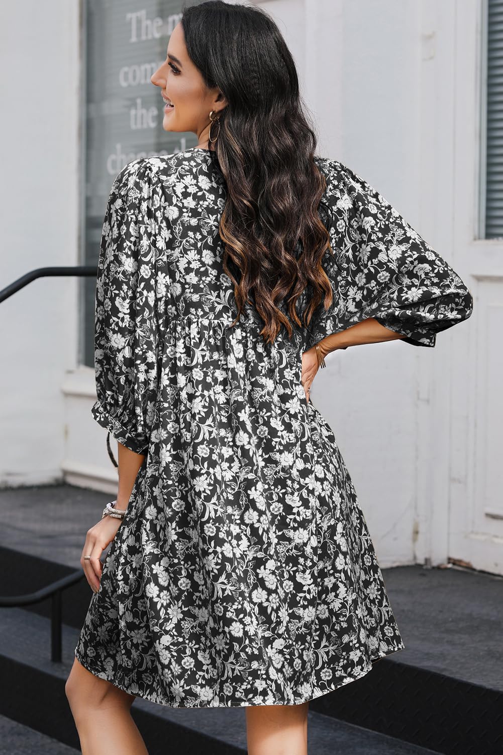 Dokotoo Women's Summer Dresses 2025 - Boho Floral Chiffon Mini Dress with V Neck & Lantern Sleeves, Drawstring Waist Sundress for Beach Vacation, Pool Party, and Casual Outings