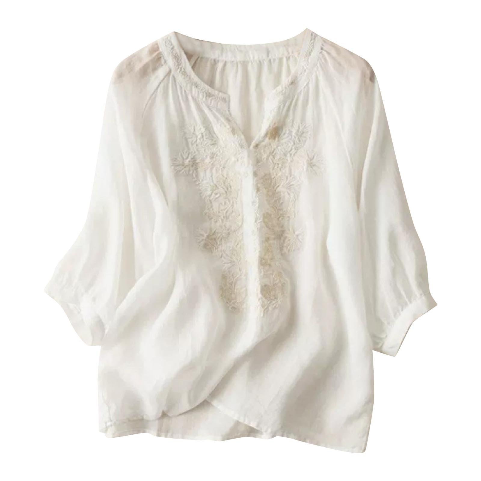 2024 Women's Summer Tops - Soft Cotton Linen V-Neck Short Sleeve T-Shirt with Embroidery | Casual Loose Blouse for Beach, Office & Date Night