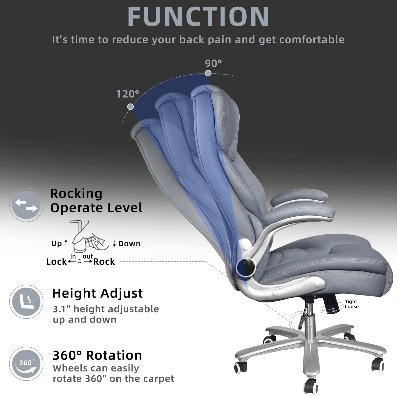 Premium Big and Tall Executive Office Chair for Heavy People up to 400lbs - Wide Seat High Back Leather Desk Chair with Lumbar Support & Adjustable Armrests - Ergonomic Grey/Blue Chair for Home Office, Conference Rooms & Executive Suites