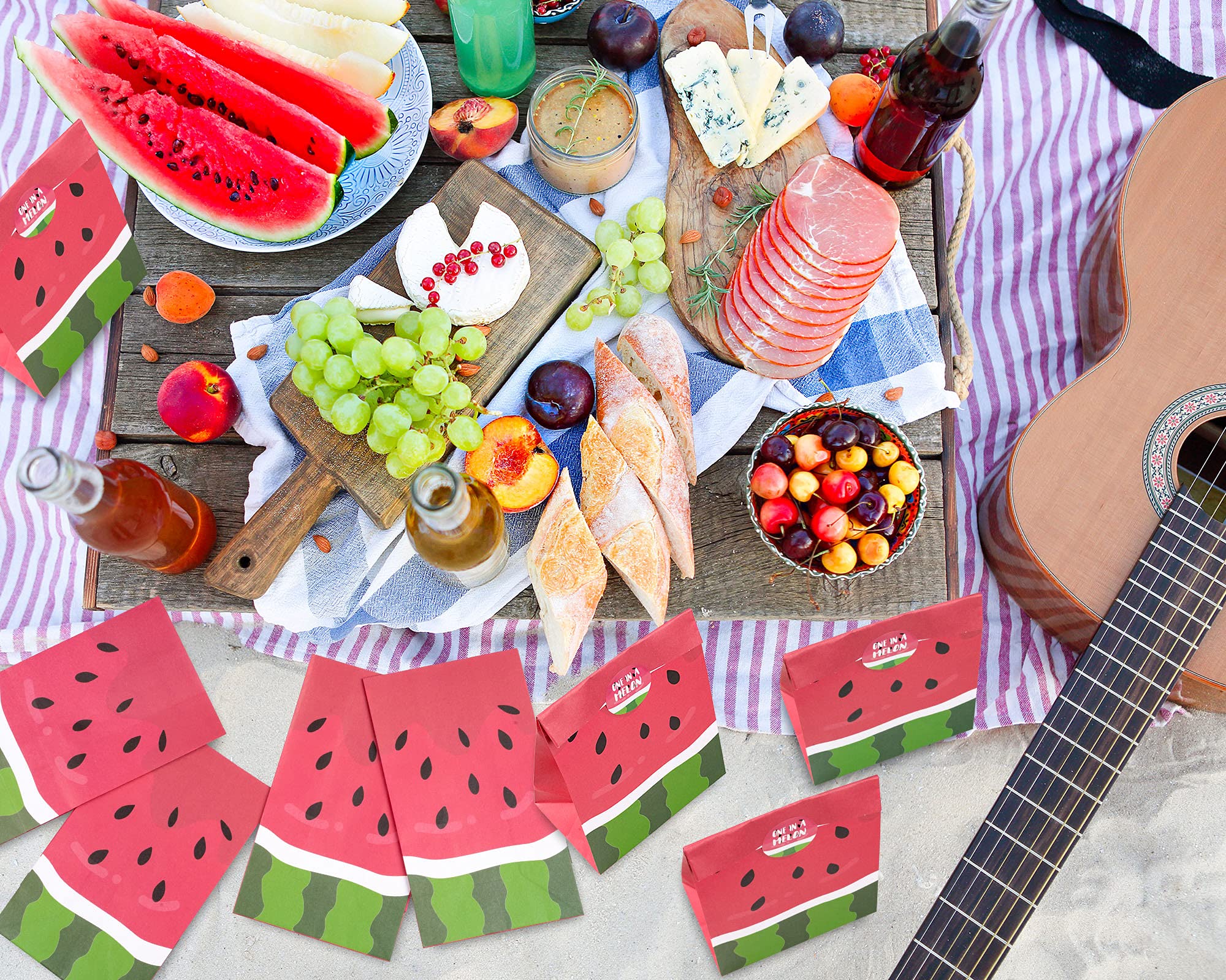32Pcs Watermelon Themed Party Favor Bags with Stickers - Summer Fruit Candy Treat Bags for Birthday, Pool Party & Tropical Themed Events - Reusable Goodie Bags for Kids & Adults - Perfect for Summer Celebrations, Beach Parties & School Events
