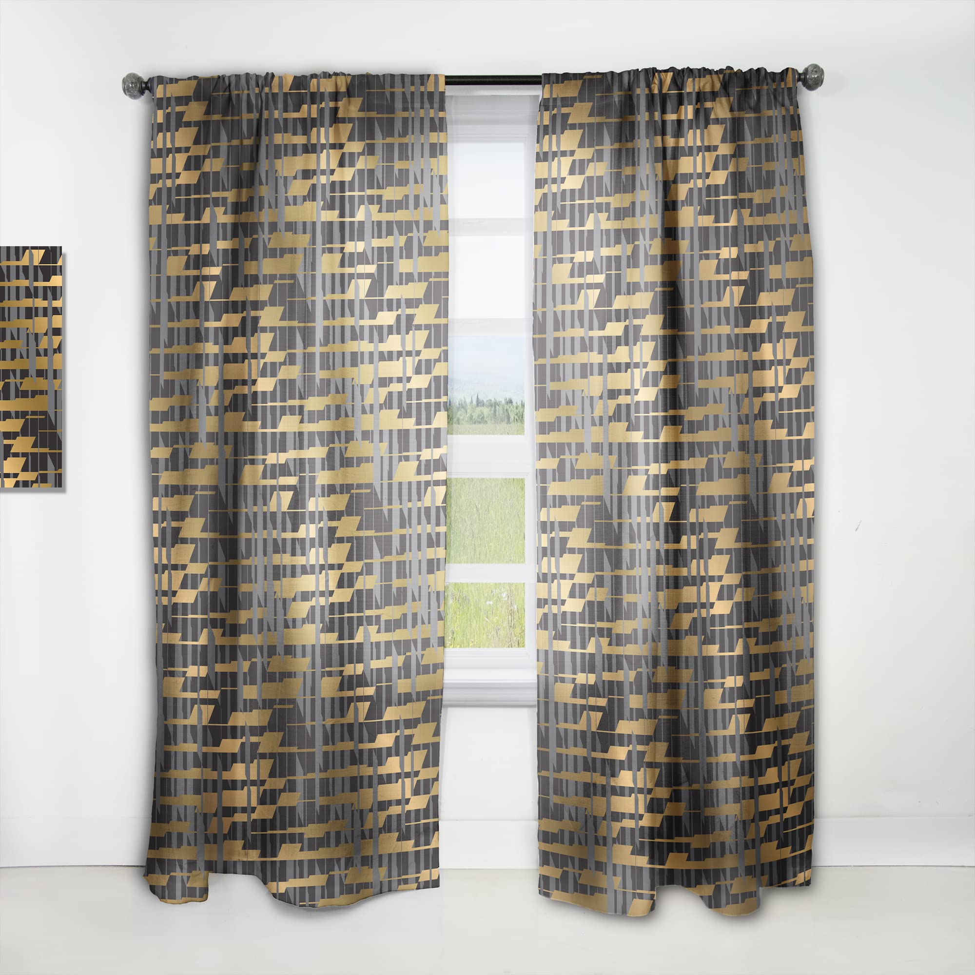 DesignQ Gold Checkered Thermal Insulated Curtains - 52x90 Single Panel for Bedroom & Living Room - Elegant Window Drapes for Home Decor & Light Blocking