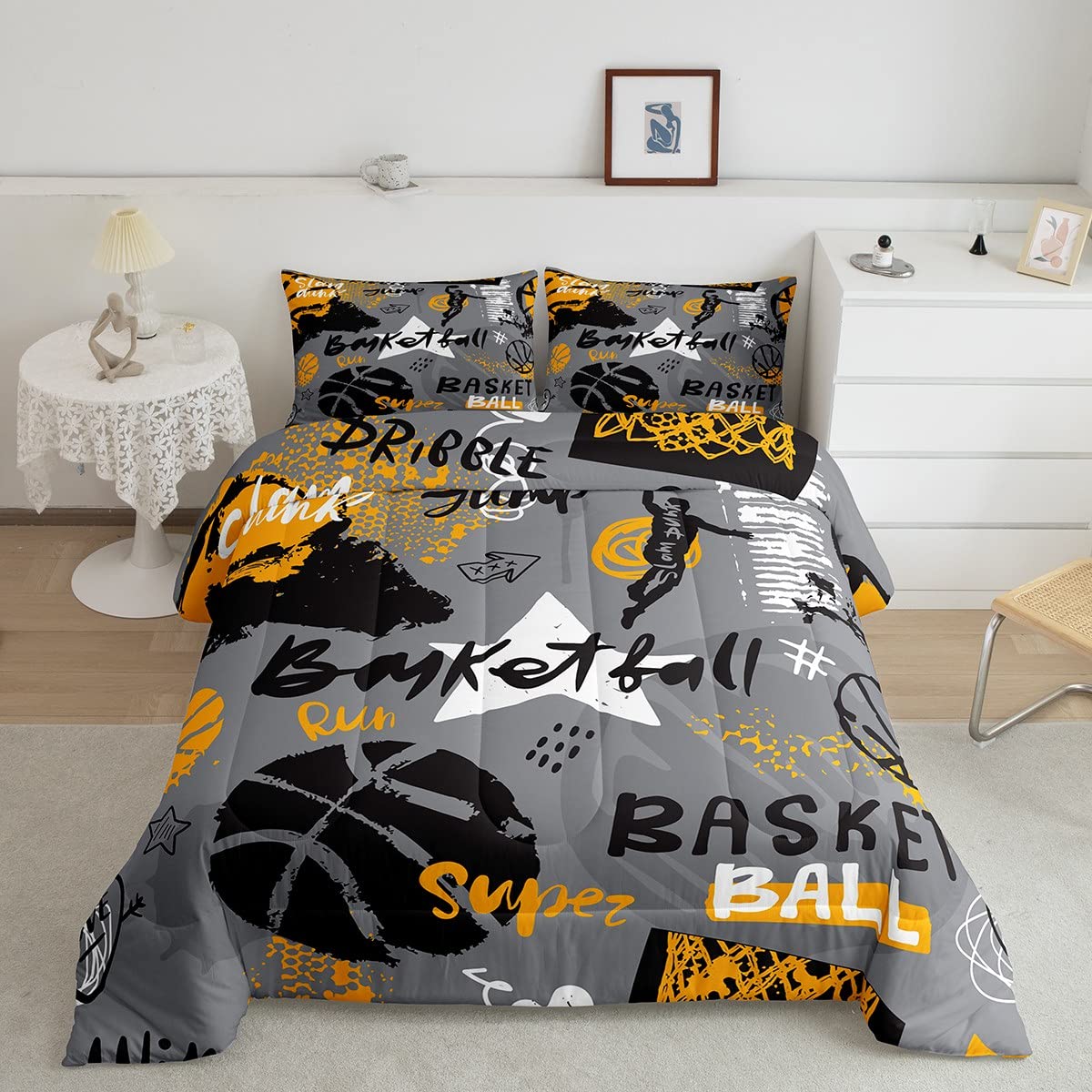 Feelyou Basketball Comforter Set for Kids & Teens - Queen Size Grey Sports Bedding with 2 Pillowcases - Perfect for Boys' Rooms, Basketball Themed Bedrooms, and Sports Tournament Decor