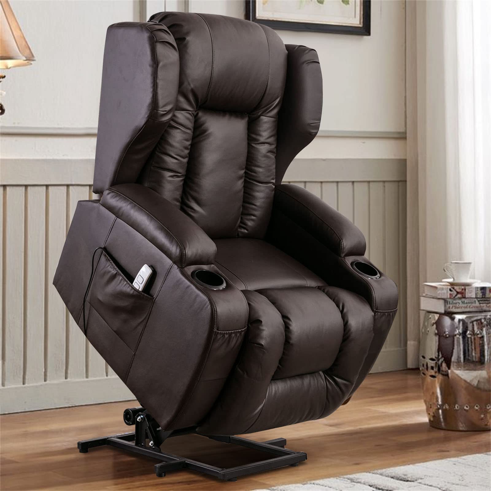 IPKIG Power Lift Recliner Chair for Elderly - Massage & Heat Function, Leather Lazyboy Style with USB Ports, 2 Remotes & 4 Side Pockets - Perfect for Living Room, Home Theater & Senior Comfort (Brown)