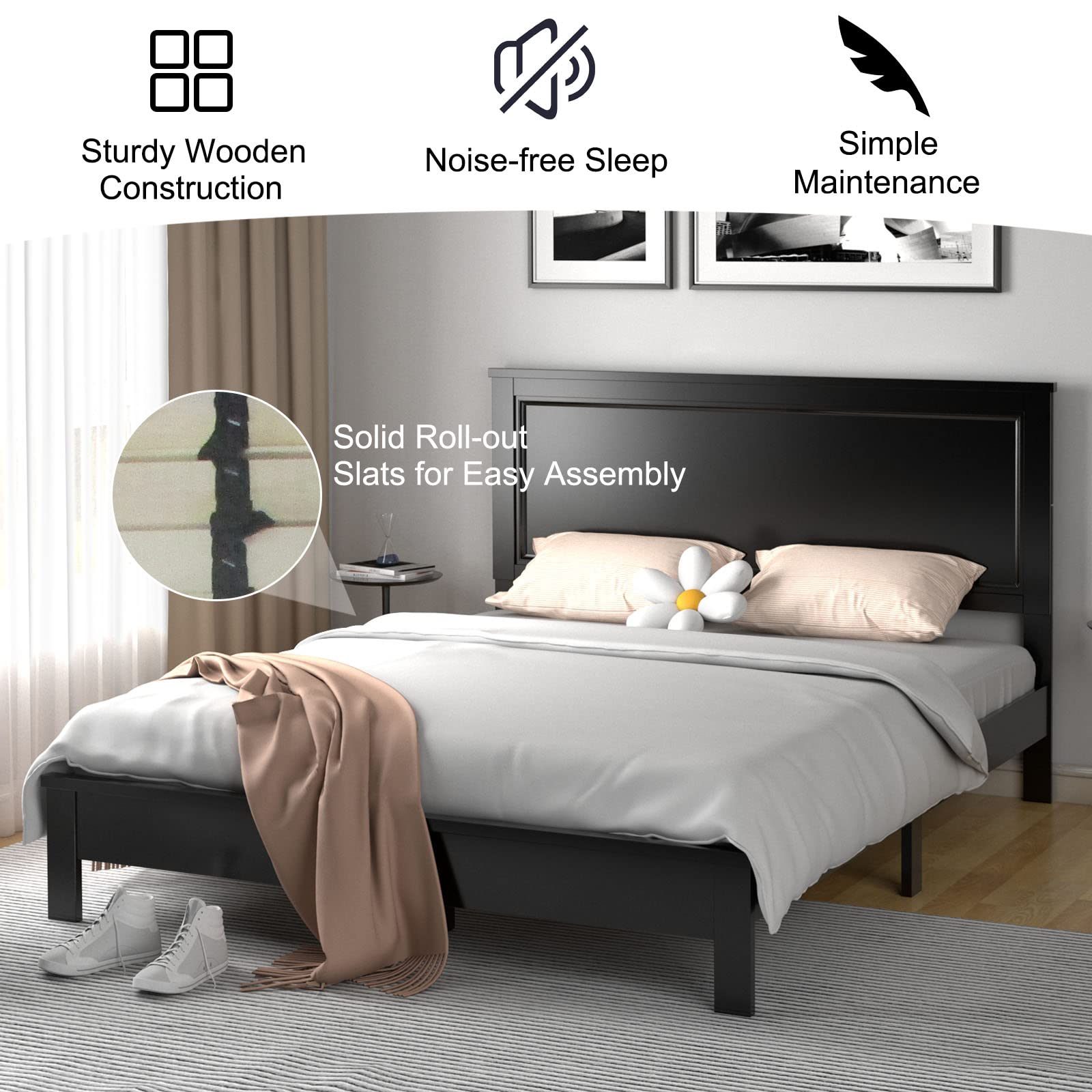 KOMFOTT Full Size Wood Platform Bed Frame with Headboard - Solid Wood Mid Century Modern Bed Frame with Slat Support & Under Bed Storage - No Box Spring Needed - Black - Perfect for Bedroom, Guest Room & Small Space Living