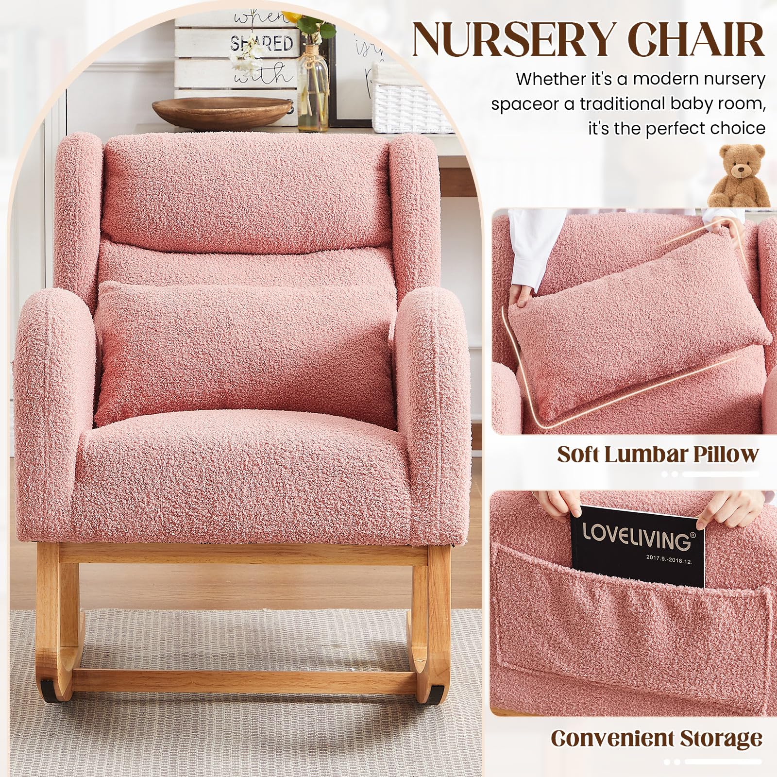 Antetek Modern Teddy Upholstered Rocking Chair - High Back Wingback Nursery Rocker with Lumbar Support Pillow, Comfortable Accent Armchair for Living Room, Bedroom & Nursery (Pink) | Perfect for Nursing, Relaxing & Nursery Decor