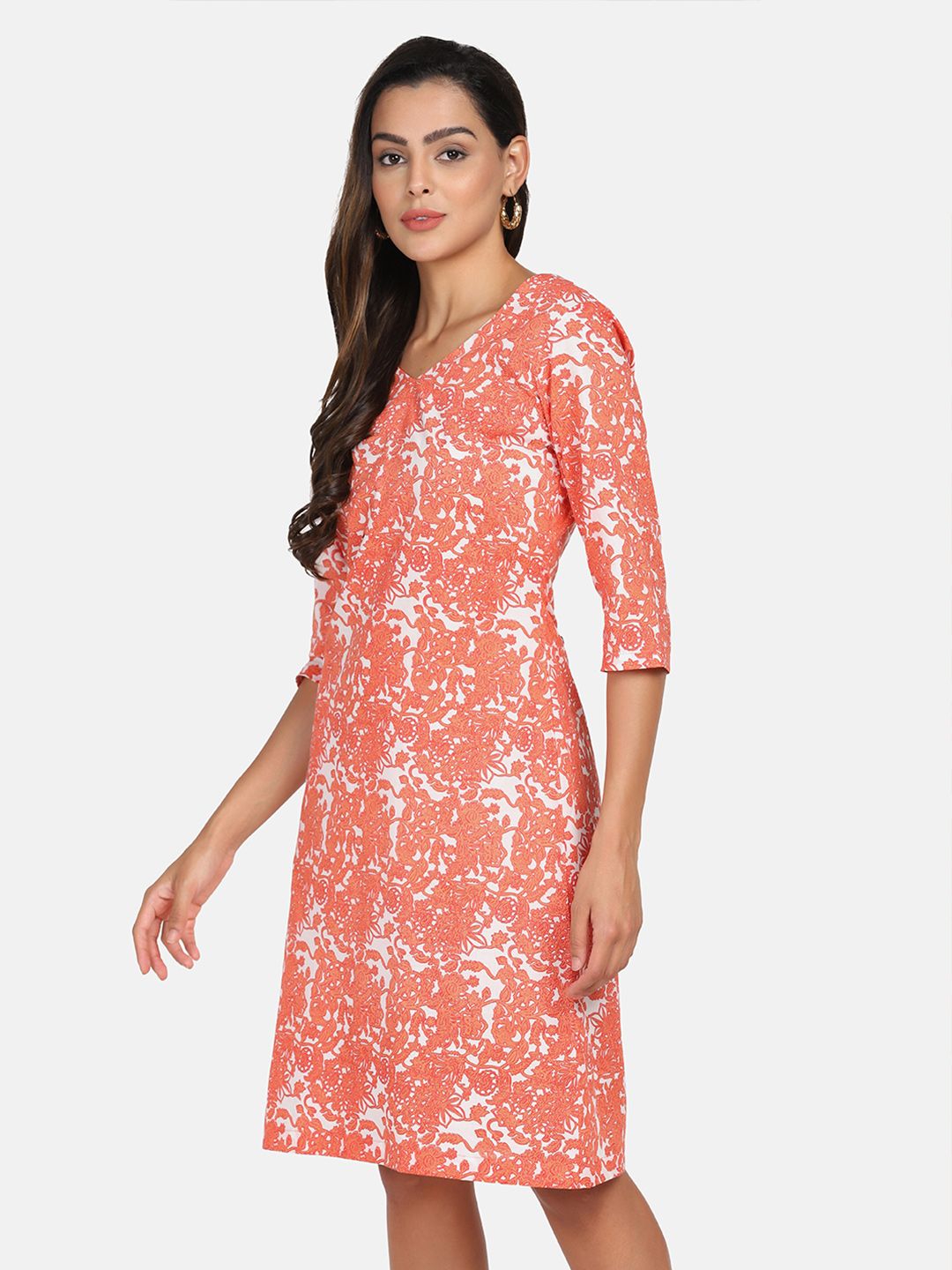 Stylish Cotton Printed A-Line Dress in Orange & White - Perfect for Casual Outings, Summer Parties, and Beach Vacations