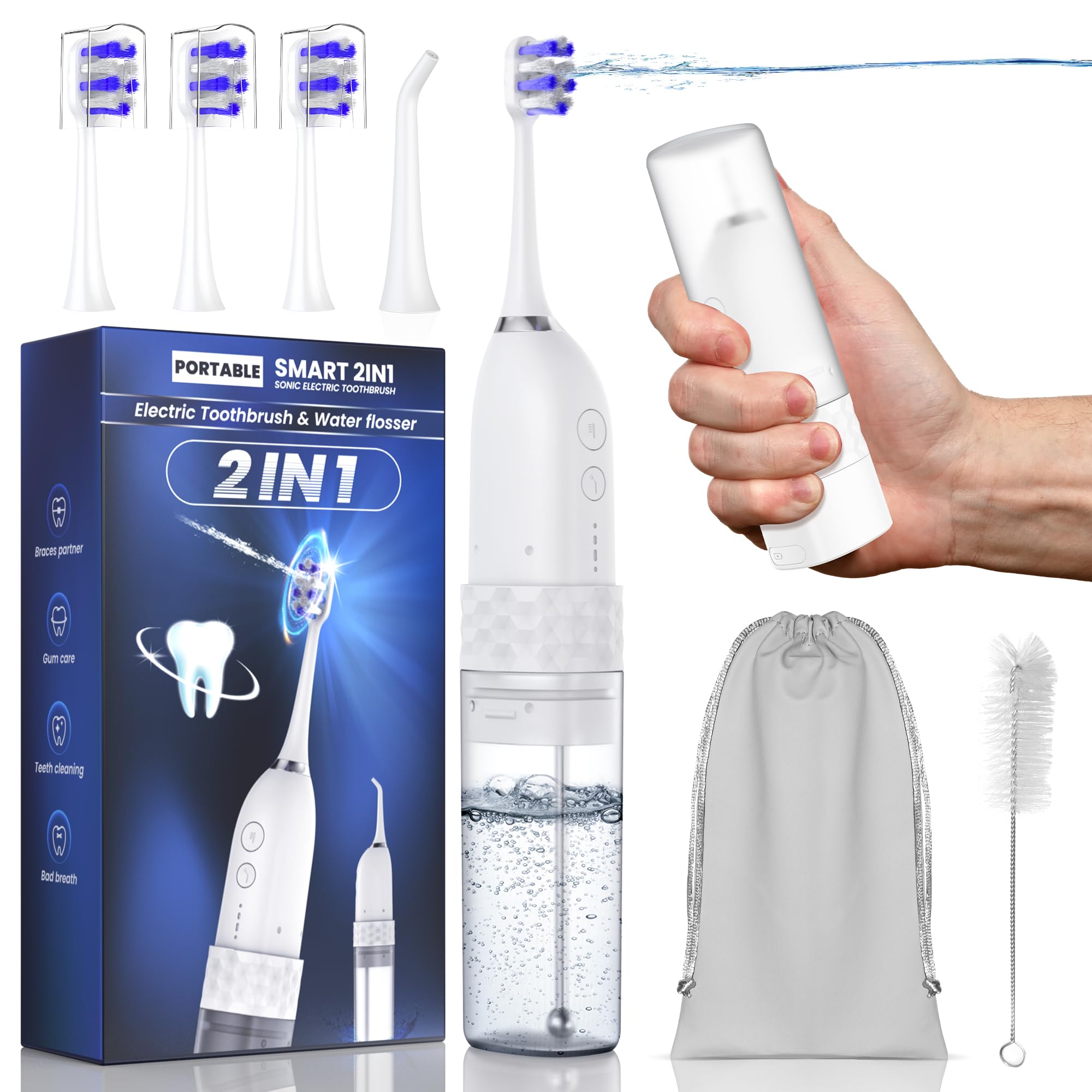 Portable Water Flosser & Electric Toothbrush Combo - 2 in 1 Teeth Cleaning Kit for Home & Travel, Rechargeable Oral Care Set with 3 Modes (White) - Perfect for Daily Dental Hygiene, Braces Care, and Gum Health Maintenance