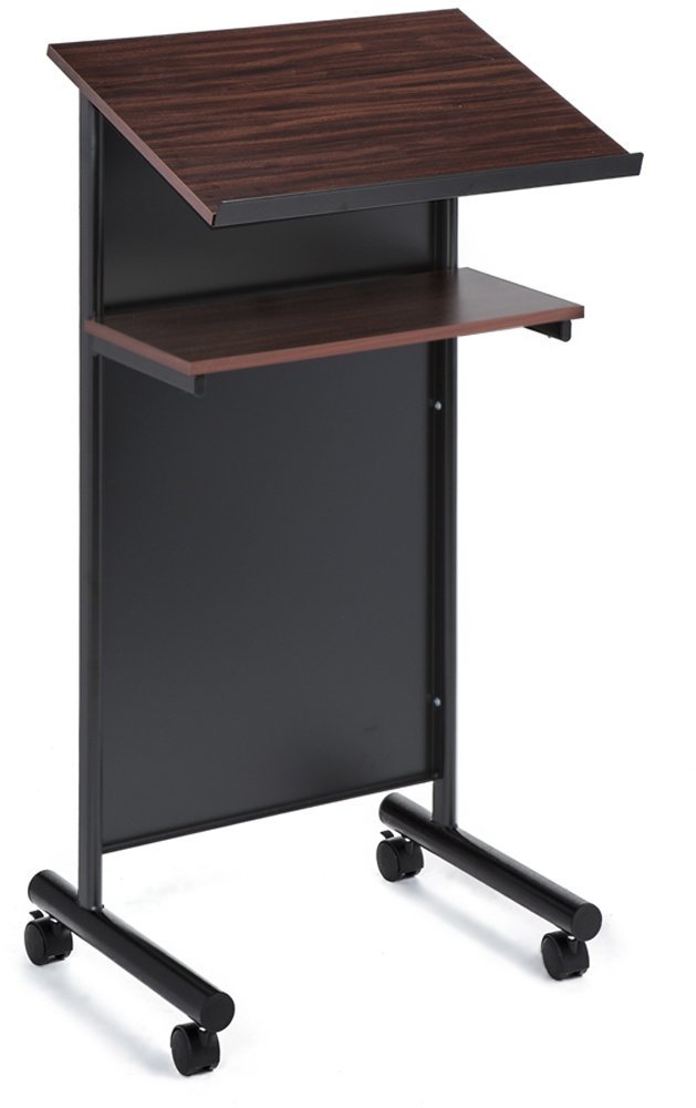 Professional Wheeled Lectern Podium with Storage Shelf - Adjustable Standing Desk for Presentations & Laptop Use - Cherry/Black Finish - Perfect for Conference Rooms, Classrooms & Home Offices