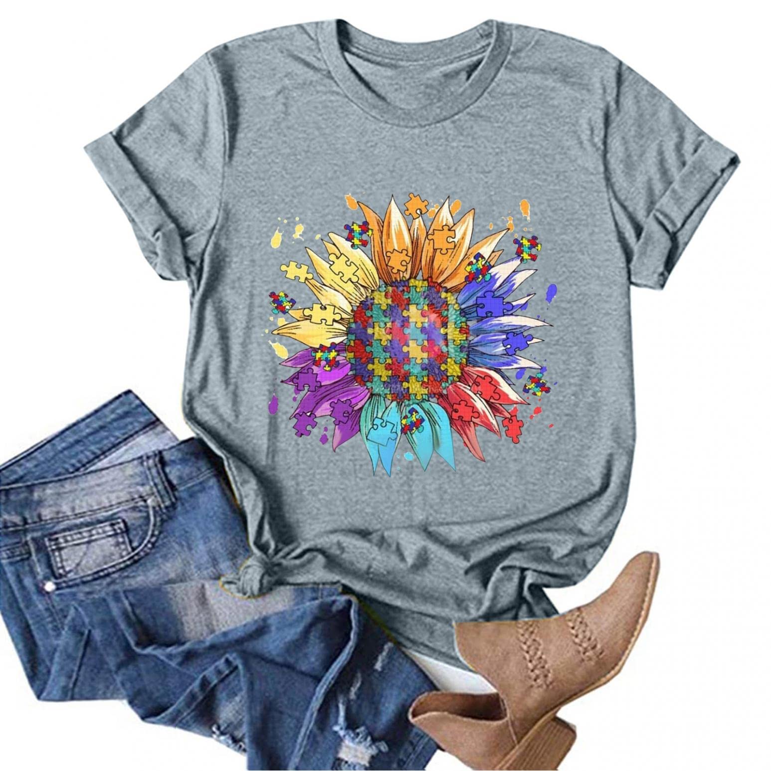 Autism Awareness T-Shirts for Women - Short Sleeve Graphic Tees with Puzzle & Sunflower Design - Funny Casual Summer Tops - Perfect for Daily Wear, Autism Awareness Events & Support Campaigns
