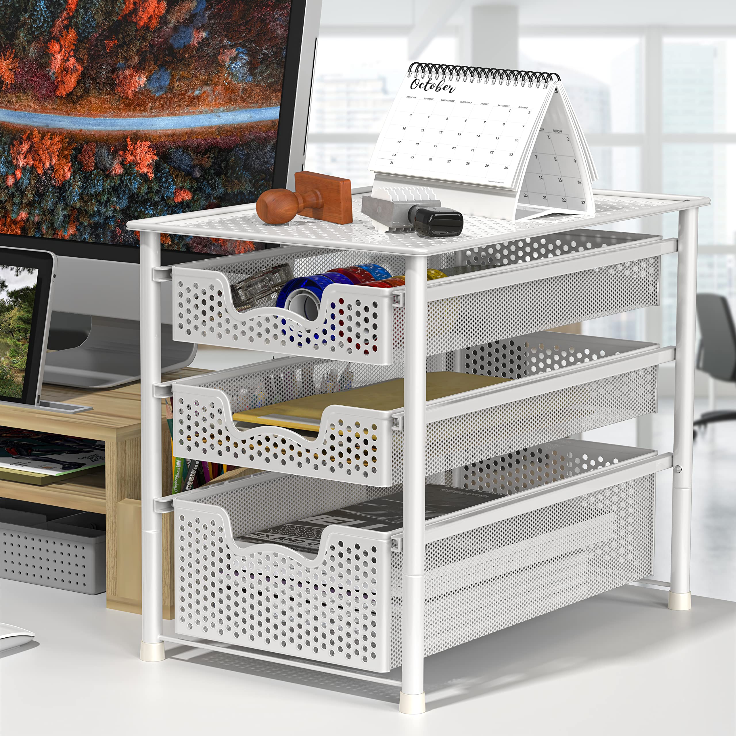 3-Tier Sliding Basket Organizer - White Alloy Steel Cabinet Drawer for Kitchen, Bathroom & Pantry Storage | Space-Saving Home Organization Solution