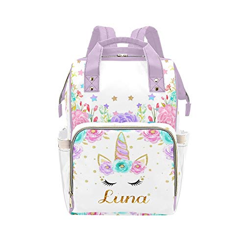 Custom Personalized Watercolor Flower Unicorn Purple Diaper Backpack - Monogrammed Nursing Baby Bag with Name for Moms | Stylish Nappy Backpack for Travel, Daycare & Everyday Use | Perfect Gift for New Moms & Baby Showers