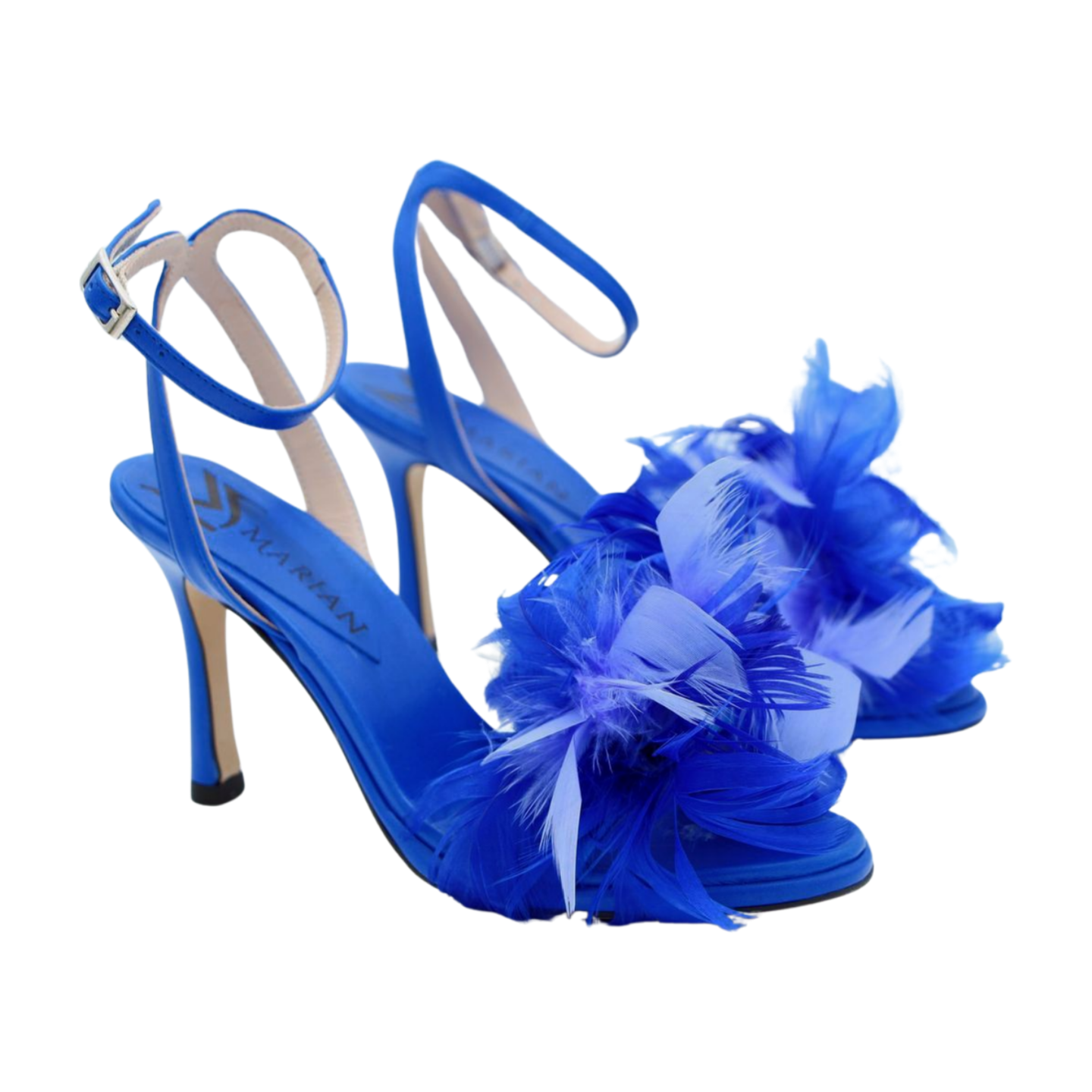 MARIAN Royal Blue Heeled Sandals with Feathers - Women's Elegant Evening Party Shoes for Weddings, Prom, and Special Occasions