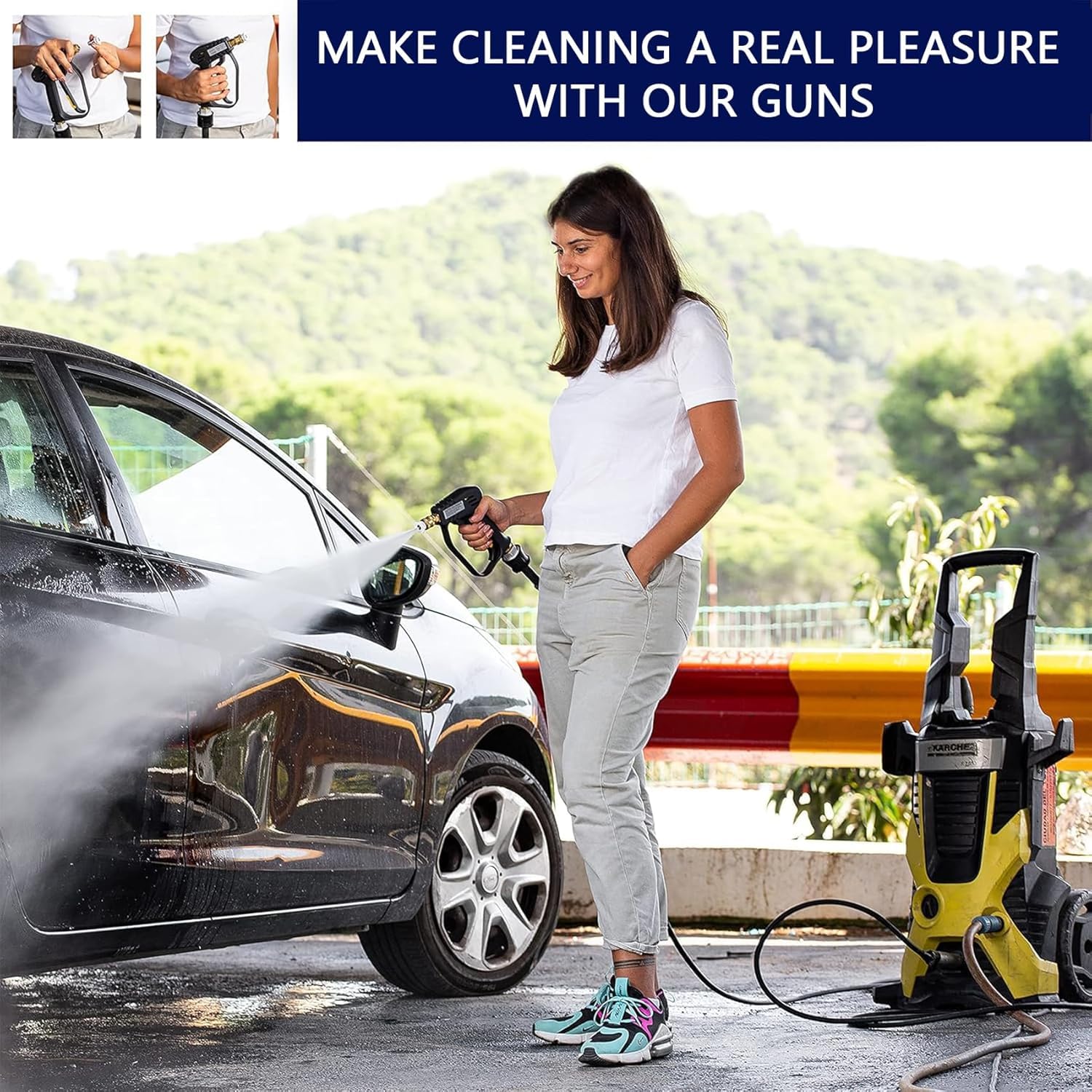 Short Pressure Washer Gun with 5 Nozzles - Stubby Pressure Washer Handle Compatible with Karcher & M22-14mm Fitting Hoses - Perfect for Compact Car Washing, Deck Cleaning & Outdoor Equipment Maintenance