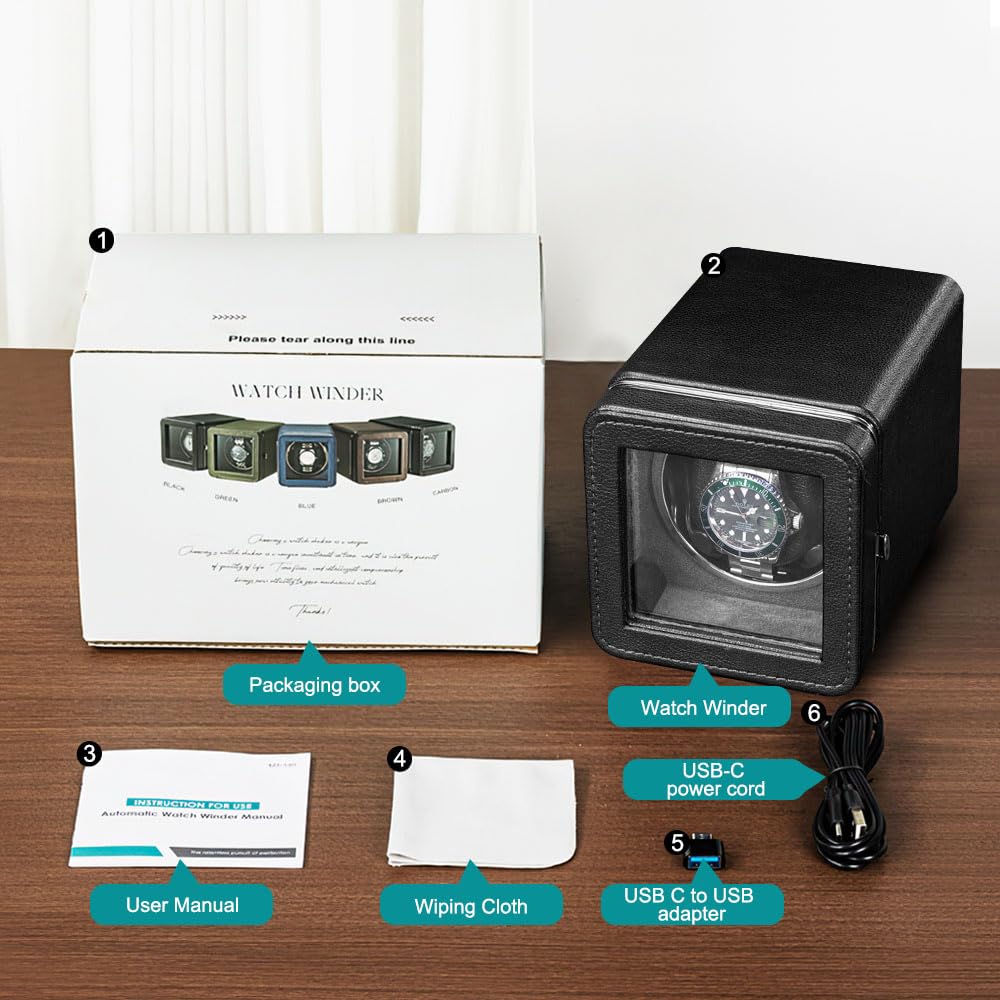 Premium Single Automatic Watch Winder for Rolex & Luxury Watches - Super Quiet Motor, 4 Rotation Modes, LED Display, USB-C Powered (Adapter Not Included) - Perfect for Watch Collectors & Nightstand Storage