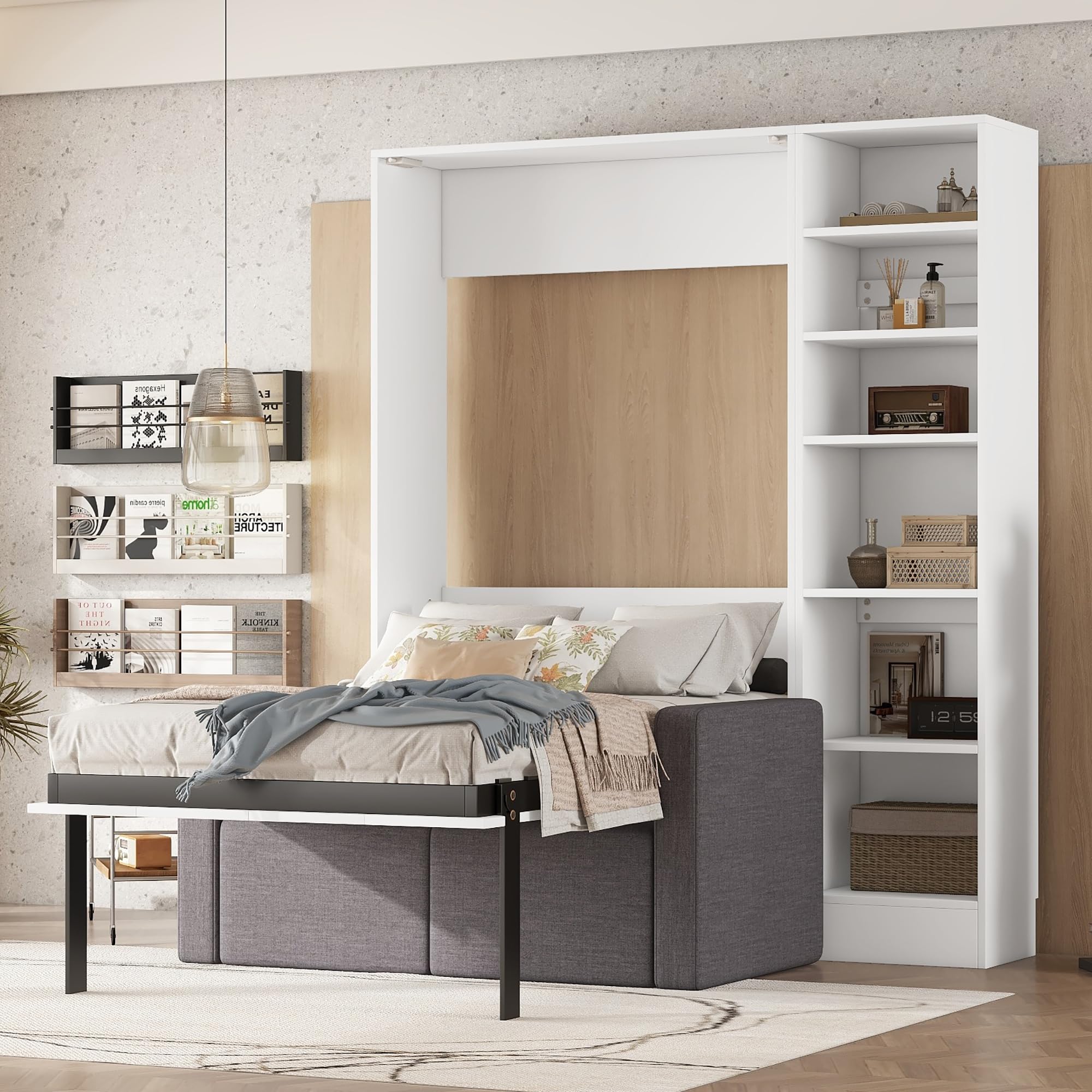 LZ LEISURE ZONE Twin Size Murphy Bed with Built-in Shelves & Sofa - Space Saving Wall Bed for Small Rooms, Home Office or Studio Apartment - White & Gray Modern Design - Perfect for Guest Rooms, Dormitories & Tiny Homes