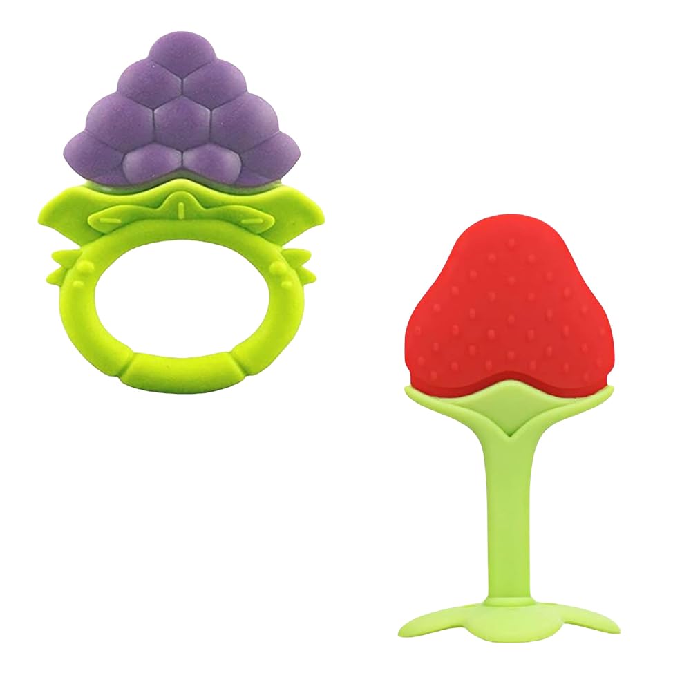 Kritiu BPA-Free Silicone Baby Teething Toys - Soft Fruit Teether & Gum Massager Set for Infants 0-12 Months (Blue & Red) | Soothing Sore Gums During Teething, Perfect for Home & Travel Use