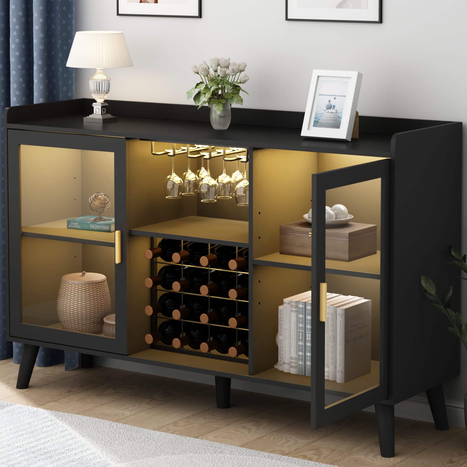 Modern Wine Bar Cabinet with LED Lighting - Freestanding Kitchen Buffet Sideboard with Wine Rack & Glass Storage - Elegant Home Coffee Station & Liquor Cabinet for Living Room, Dining Room (Black) - Perfect for Entertaining Guests & Stylish Home Decor