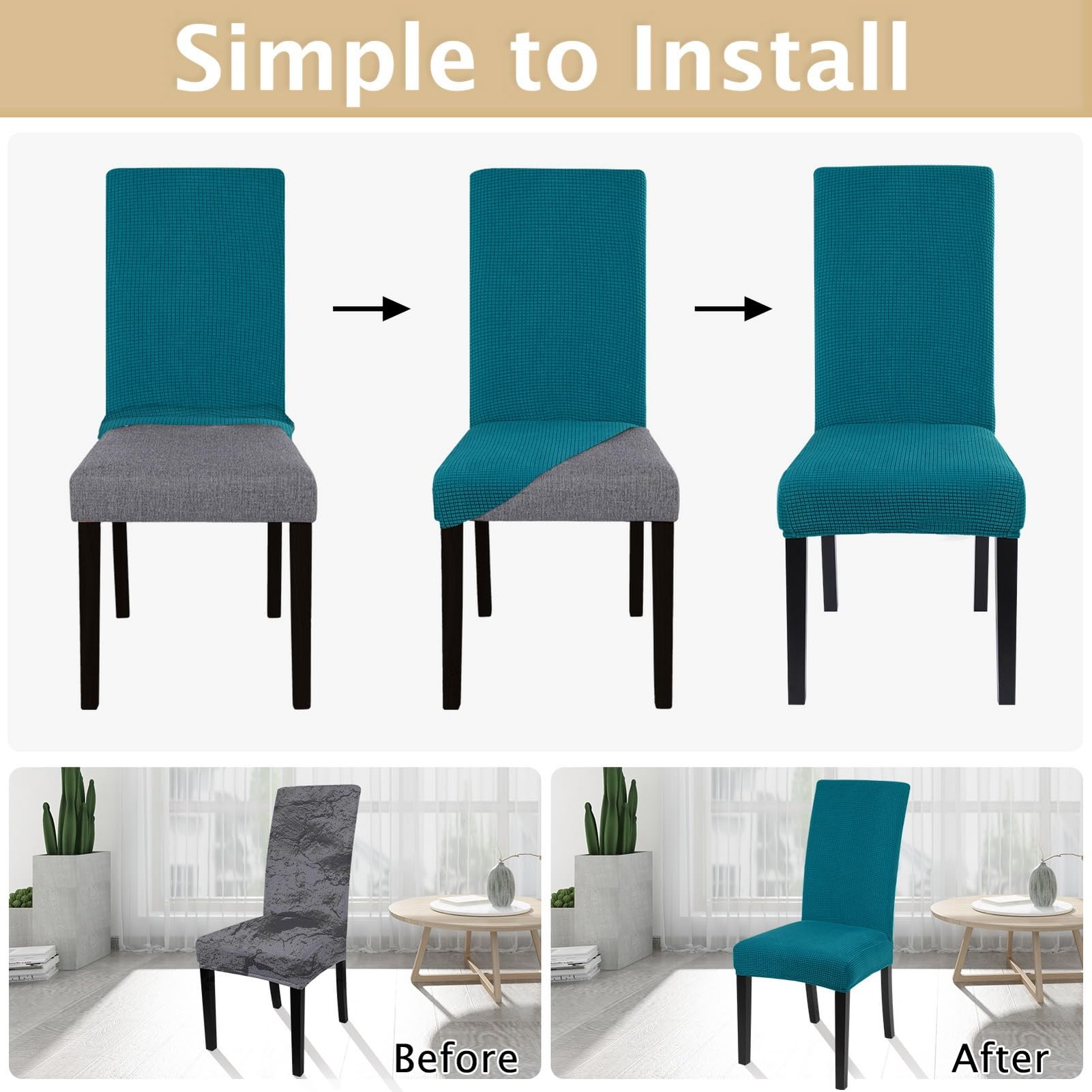 Stretch Jacquard Dining Chair Covers Set of 6 - Washable Spandex Slipcovers for Parsons Chairs, Seat Protectors for Kitchen, Hotel, Banquet & Ceremony (Teal) | Perfect for Home Decor, Restaurant Upgrade & Event Styling