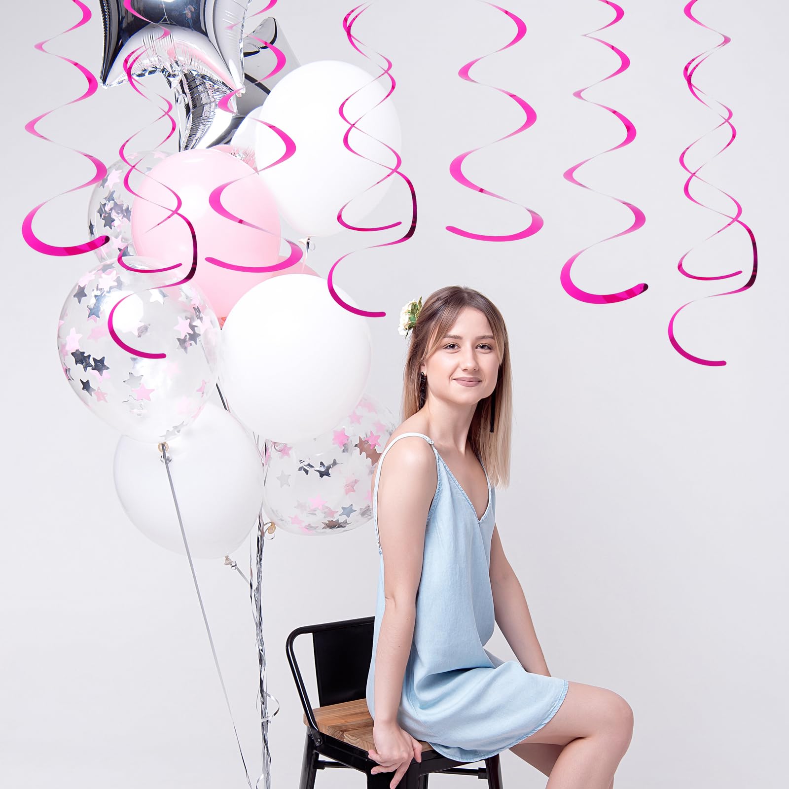 30 PCS Hot Pink Metallic Foil Party Swirl Decorations - Double & Single Swirl Hanging Streamers for Ceiling - Perfect for Birthday, Wedding & Holiday Party Decor