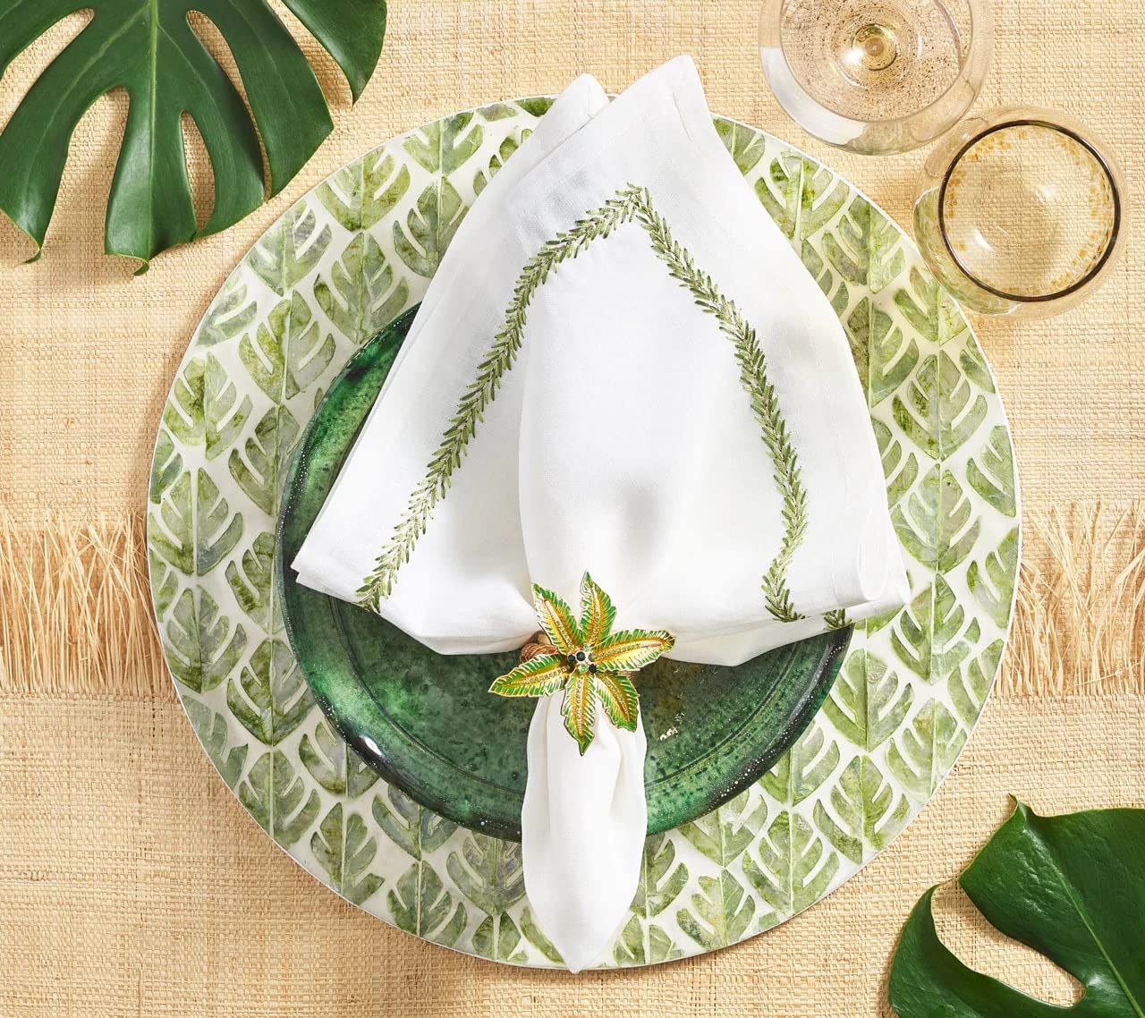 Kim Seybert Palm Coast Green & Gold Napkin Rings - Set of 4, Elegant Table Setting for Dinner Parties & Holiday Decor