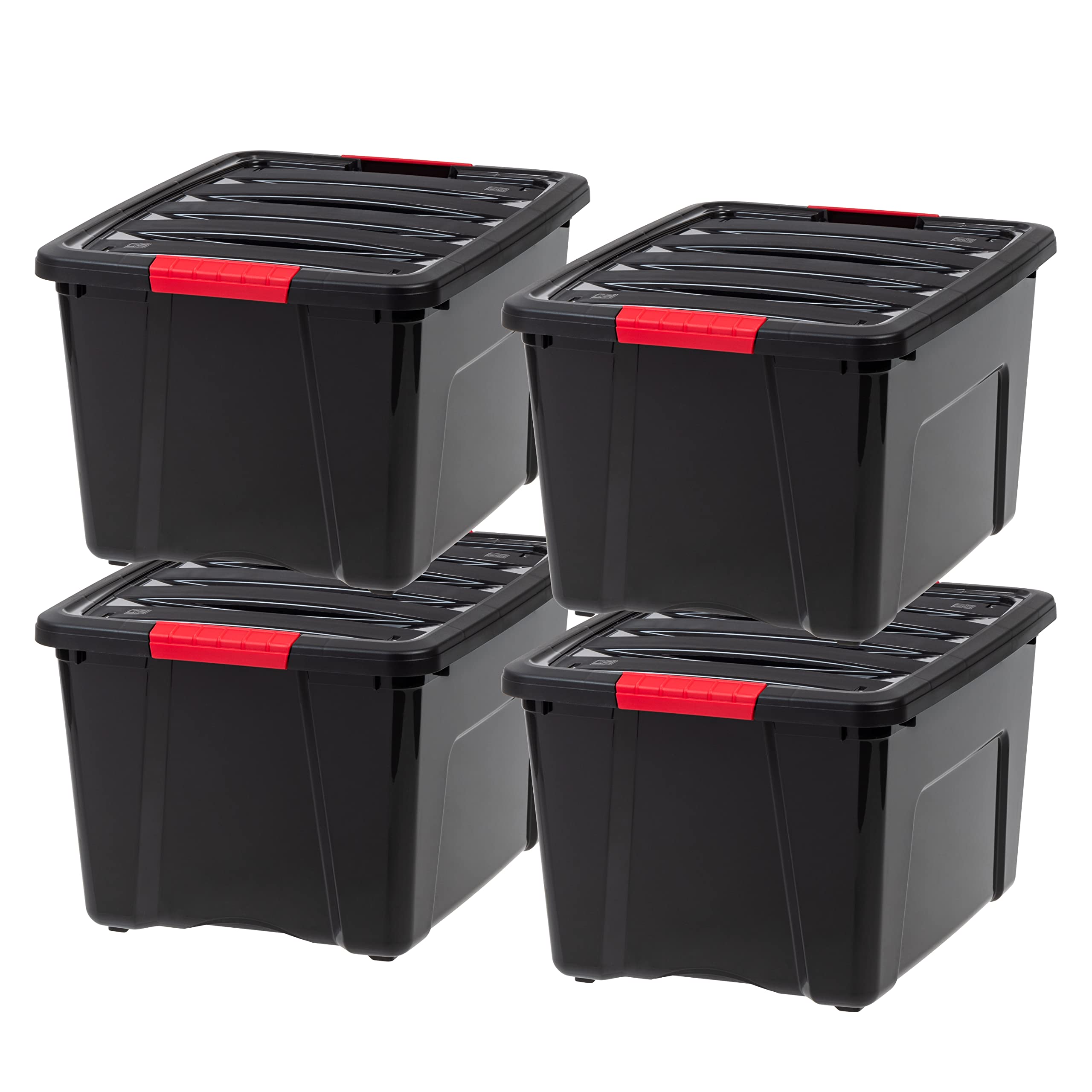 IRIS USA 40 Qt Stackable Plastic Storage Bins with Lids, 4 Pack - BPA-Free, Made in USA - Durable Nestable Containers for Garage, Closet & Home Organization - Secure Pull Handle & Latches - Black Storage Boxes for Seasonal Decor, Toys & Household Items