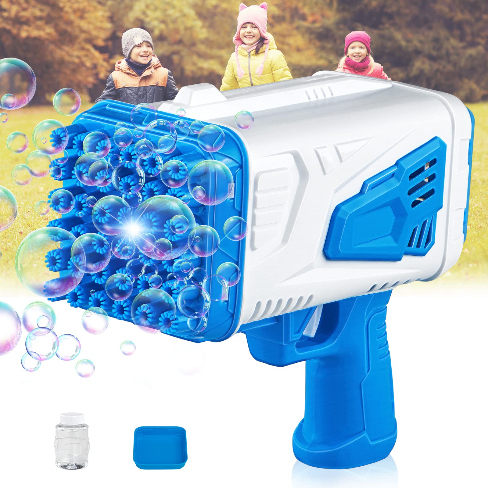 Bazooka Bubble Gun with LED Lights - Rocket Bubble Blower Toy for Kids Ages 4-8 | Outdoor Summer Party Favors, Birthday Gifts for Boys & Girls | Fun Pool, Beach, Park, and Backyard Playtime (Blue)