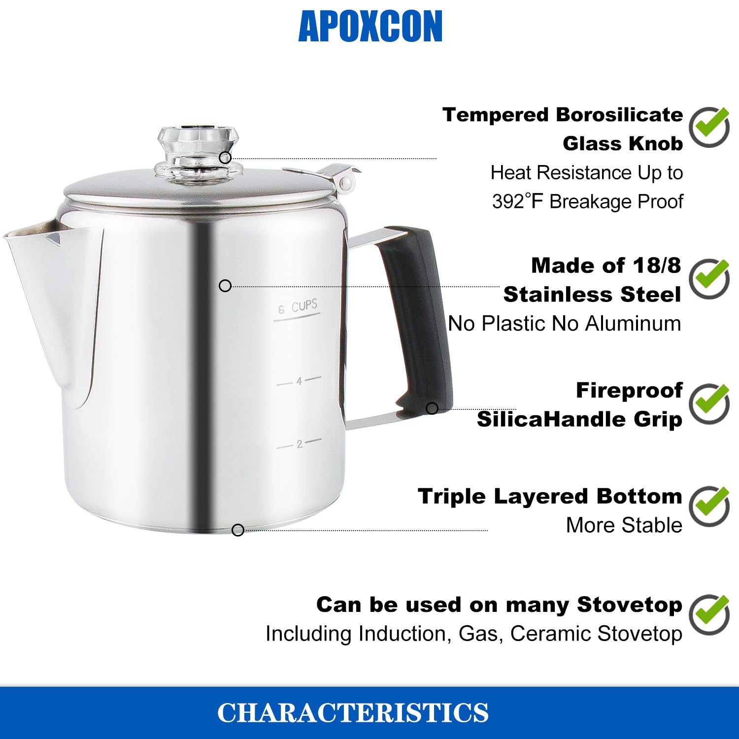 Premium Stainless Steel Stove Top Percolator Coffee Maker - 6 Cup Camping Coffee Pot with Borosilicate Glass Knob & Heat-Resistant Handle for Campfire, Induction Cooker & Home Use - Durable Multi-Use Coffee Brewer for Outdoor Adventures & Daily Brewing