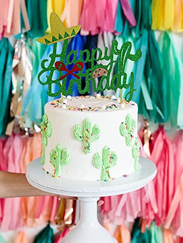 Mexican Cactus Birthday Cake Topper with Taco & Maracas - Happy Birthday Party Decorations for Mexican Theme Celebrations, Fiesta & Cinco de Mayo Parties