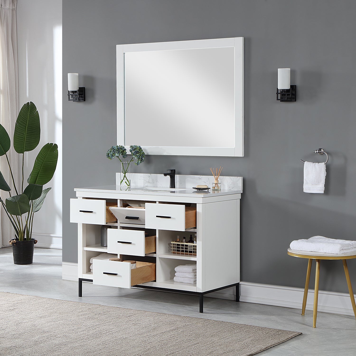Kesia 48 Inch Single Bathroom Vanity Set with Aosta White Composite Stone Countertop - Modern Sink Cabinet for Bathroom Remodel, Small Space & Powder Room Upgrade