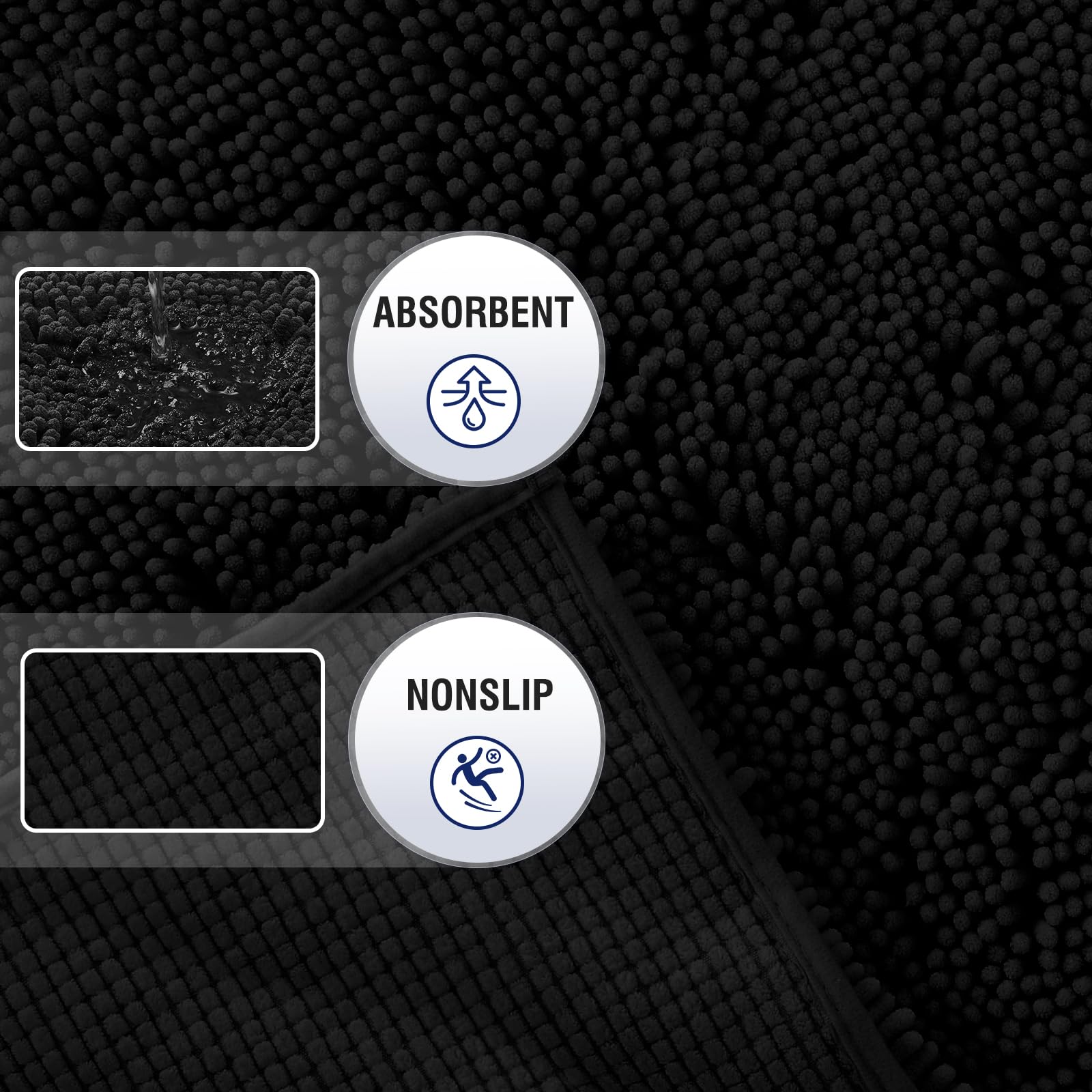 **TECHMILLY Soft Fluffy Chenille Bathroom Rugs - Non-Slip Absorbent Bath Mats for Bathroom, Washable & Quick Dry, Black, 17