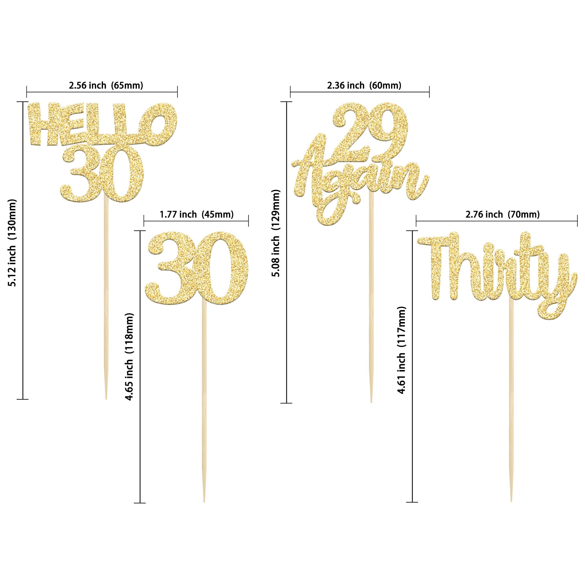 24Pcs Gold Glitter 30th Birthday Cupcake Toppers - Hello 30 Cake Decorations, Again 29 & Thirty Cupcake Picks for 30th Birthday Party, Anniversary, Milestone Celebration - Perfect for Cake Decorating Supplies & Dessert Table Displays