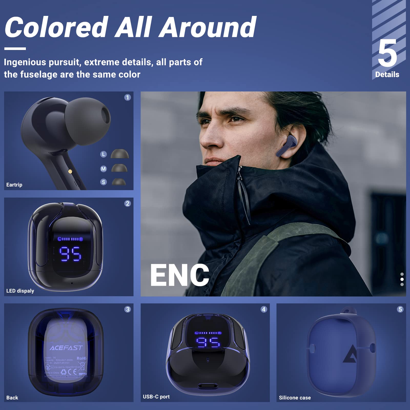ACEFAST Wireless Bluetooth Earbuds with ENC Noise Cancellation, HiFi Stereo Sound, Touch Control & LED Digital Display - Perfect for Gym, Running, Travel and Work Calls