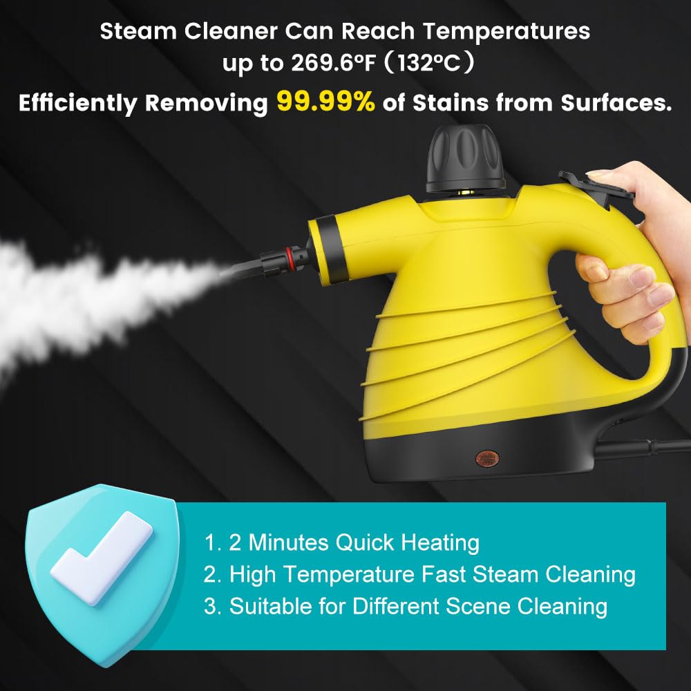 Powerful Handheld Steam Cleaner with 9 Accessories & Safety Lock - Multi-Surface Home Steamer for Car, Bathroom, Tile, Upholstery | Deep Cleaning Floors, Windows, Showers & Grout | Chemical-Free Sanitizing Solution