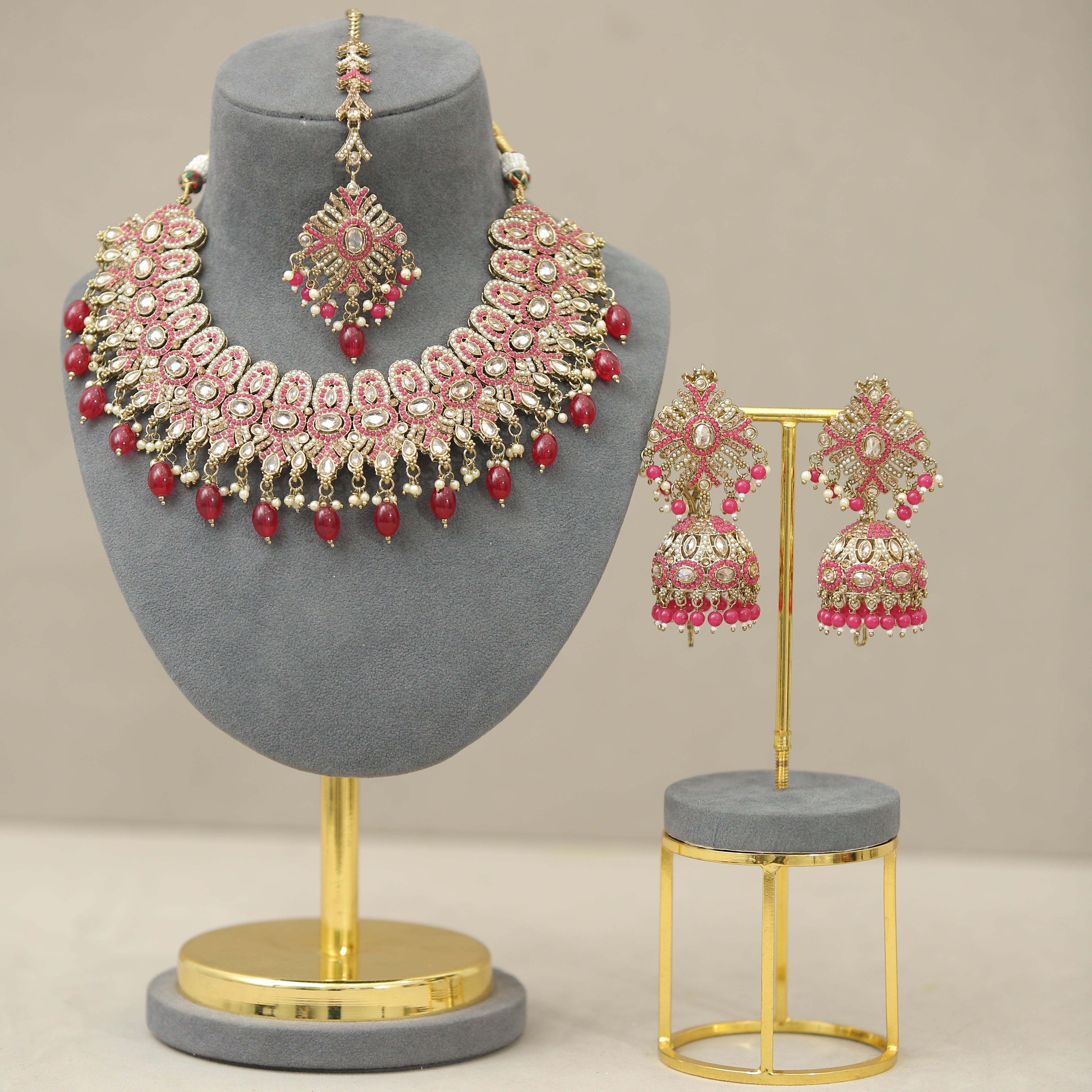 Hemani Polki and Stone Jewelry Set with Tikka - Traditional Indian Bridal Necklace, Earrings, and Hair Accessory for Weddings, Festivals, and Special Occasions