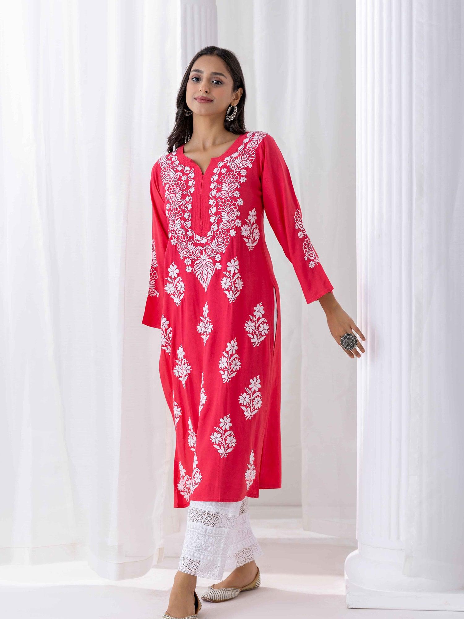 Fizaa Red Hand Embroidered Chikankari Kurta for Women | Traditional Indian Ethnic Wear | Perfect for Festivals, Weddings & Casual Outings