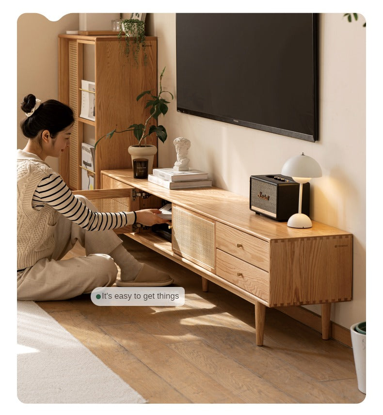 Solid Oak Wood TV Stand with Rattan Doors - Stylish Media Console for Living Room, Bedroom, or Home Theater