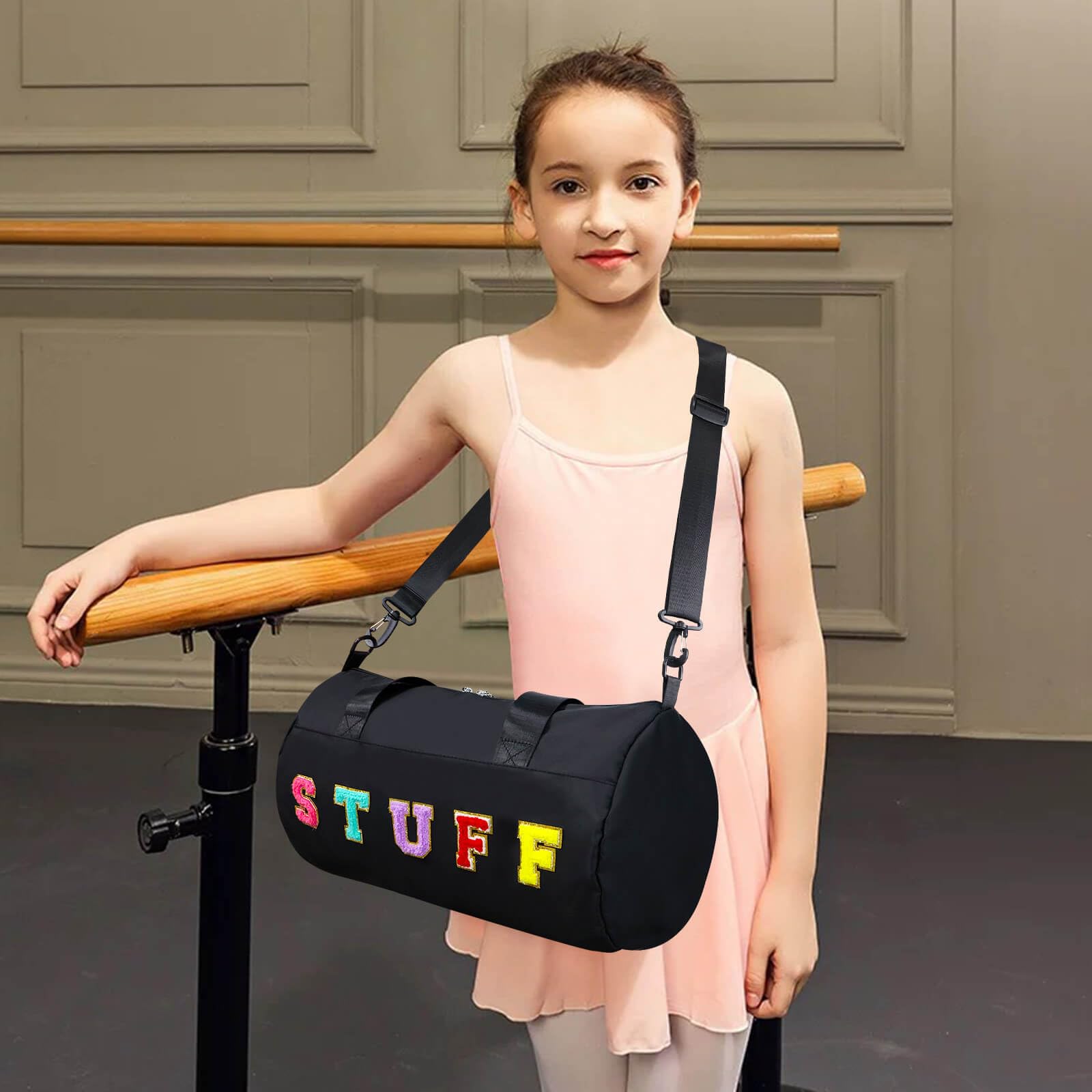**Chenille Letter Stuff Tote Bag 16 Inch - Small Gym Duffle Bag for Travel, Dance, Sports, Workout & Camping | Carry-On Cheer Ballet Overnight Weekender Bag | Birthday Gifts for Girls, Kids, Teens & Women - Black | Perfect for Gym, School, Beach & Weekend Getaways**