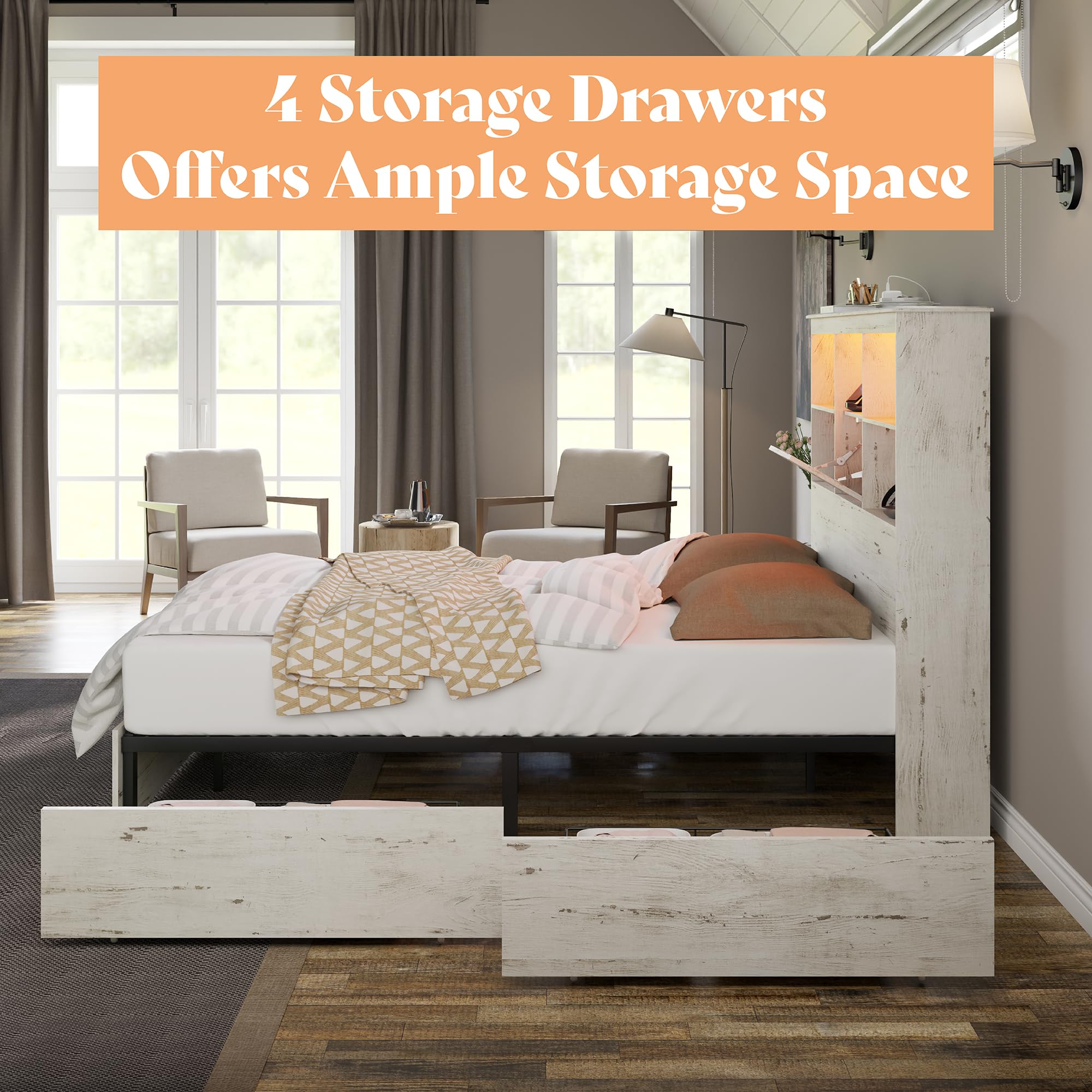 AMERLIFE Queen Size Wooden Platform Bed Frame with LED Storage Headboard - 4 Drawers, USB Charging Station, No Box Spring Needed, Noise Free, Distressed White - Perfect for Small Bedrooms & Modern Apartments