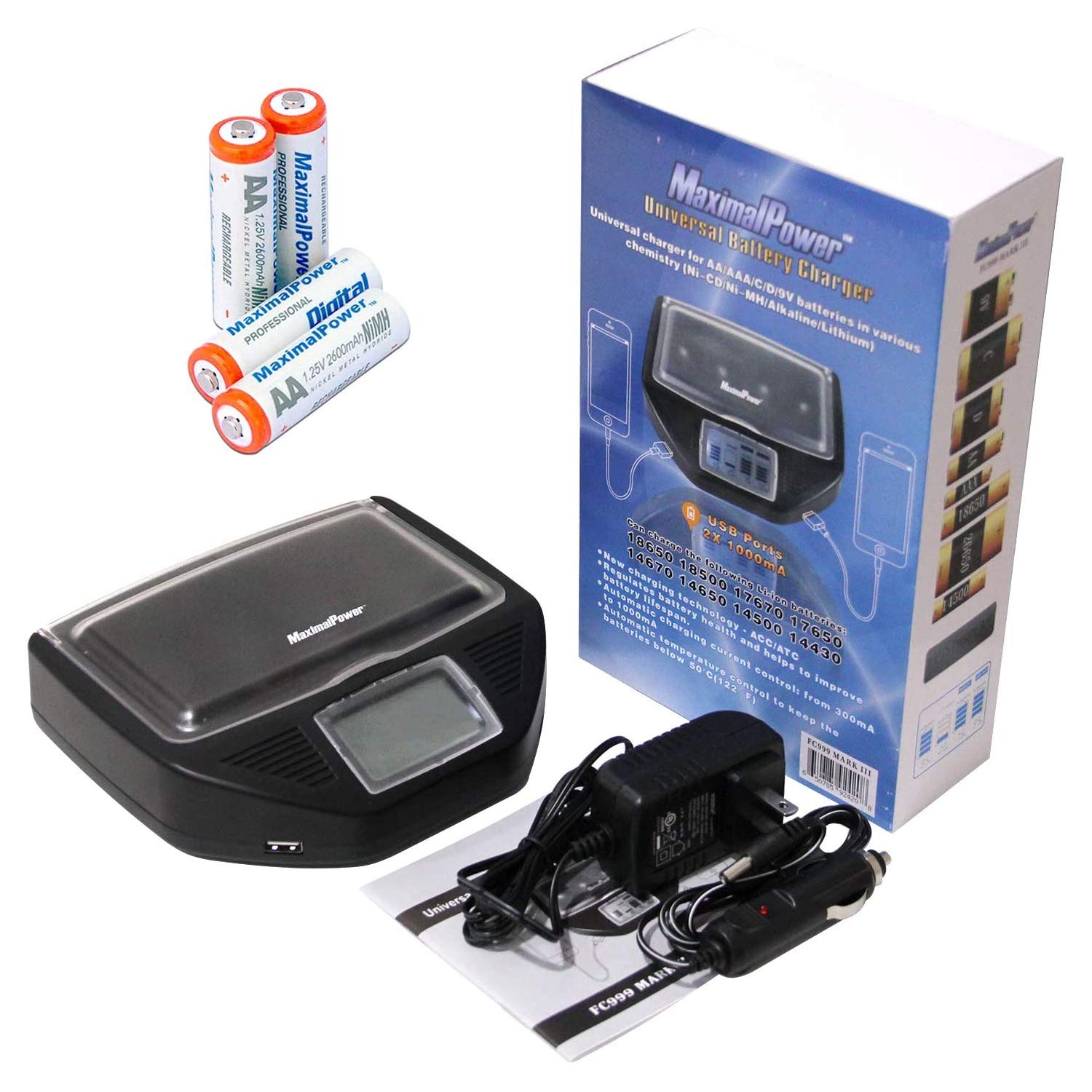 MaximalPower Battery Charger Station Mark III - Fast Charging for AA AAA C D 9V Batteries with AC Adapter & 4X AA NiMH Rechargeable Batteries | Perfect for Cameras, Toys, Flashlights & Emergency Kits