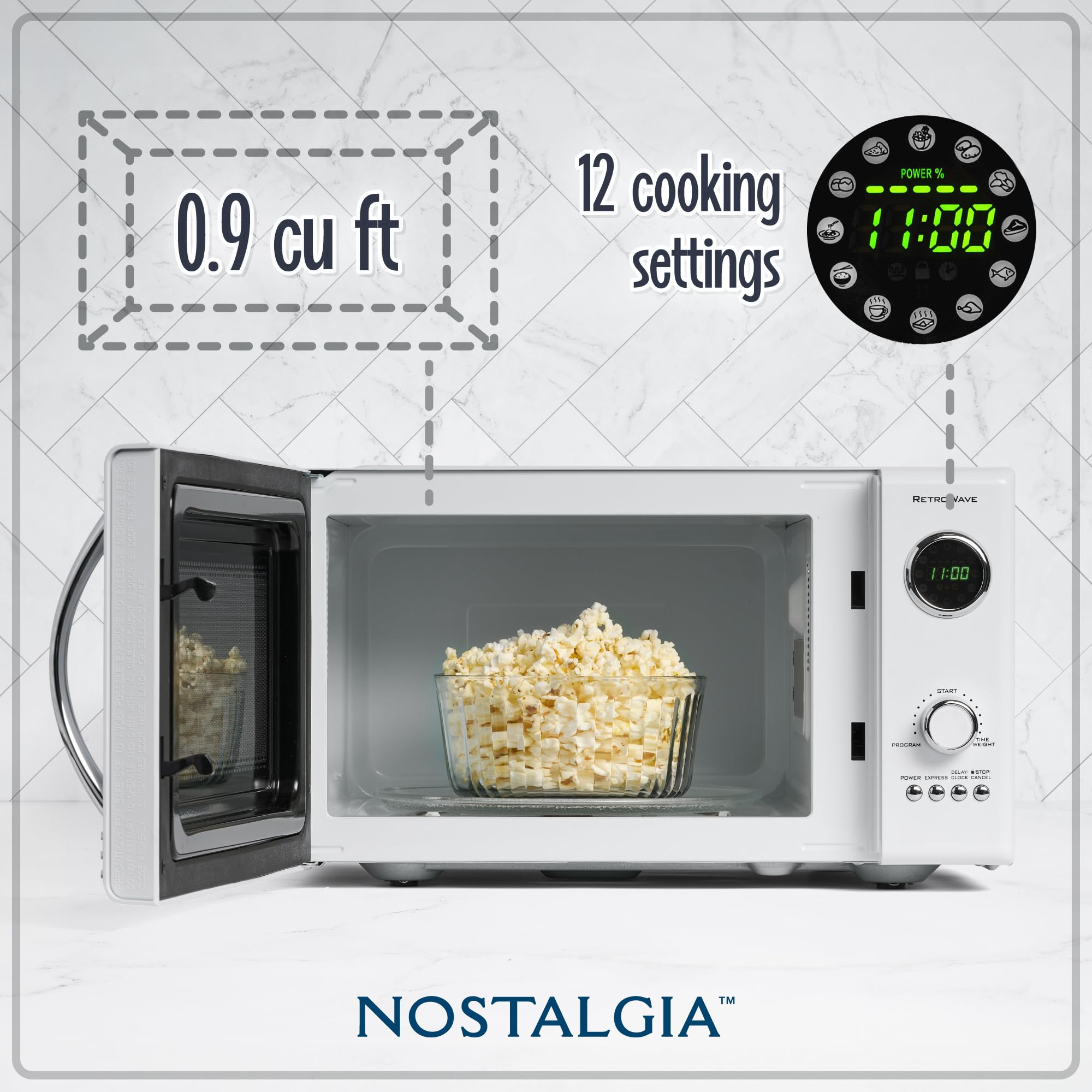 Retro Countertop Microwave Oven 0.9 cu ft - 800W Large Capacity with 12 Pre-Set Cooking Modes & Digital Clock - Vintage Style White Microwave for Small Kitchen, Dorm Room, Office & RV Use