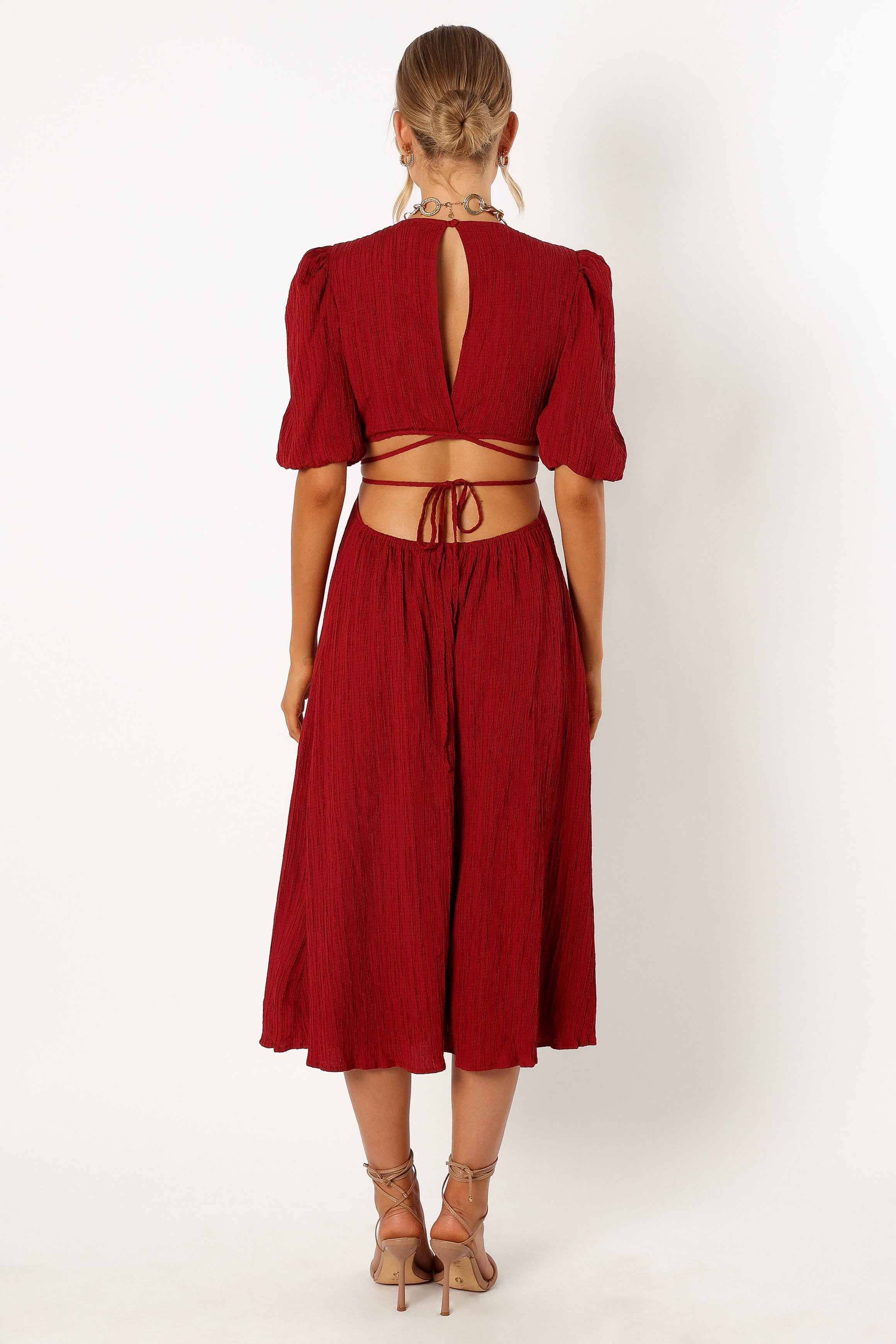 Carina Pleated Midi Dress in Dark Red | Flowy A-Line Skirt for Women | Perfect for Weddings, Parties & Office Wear