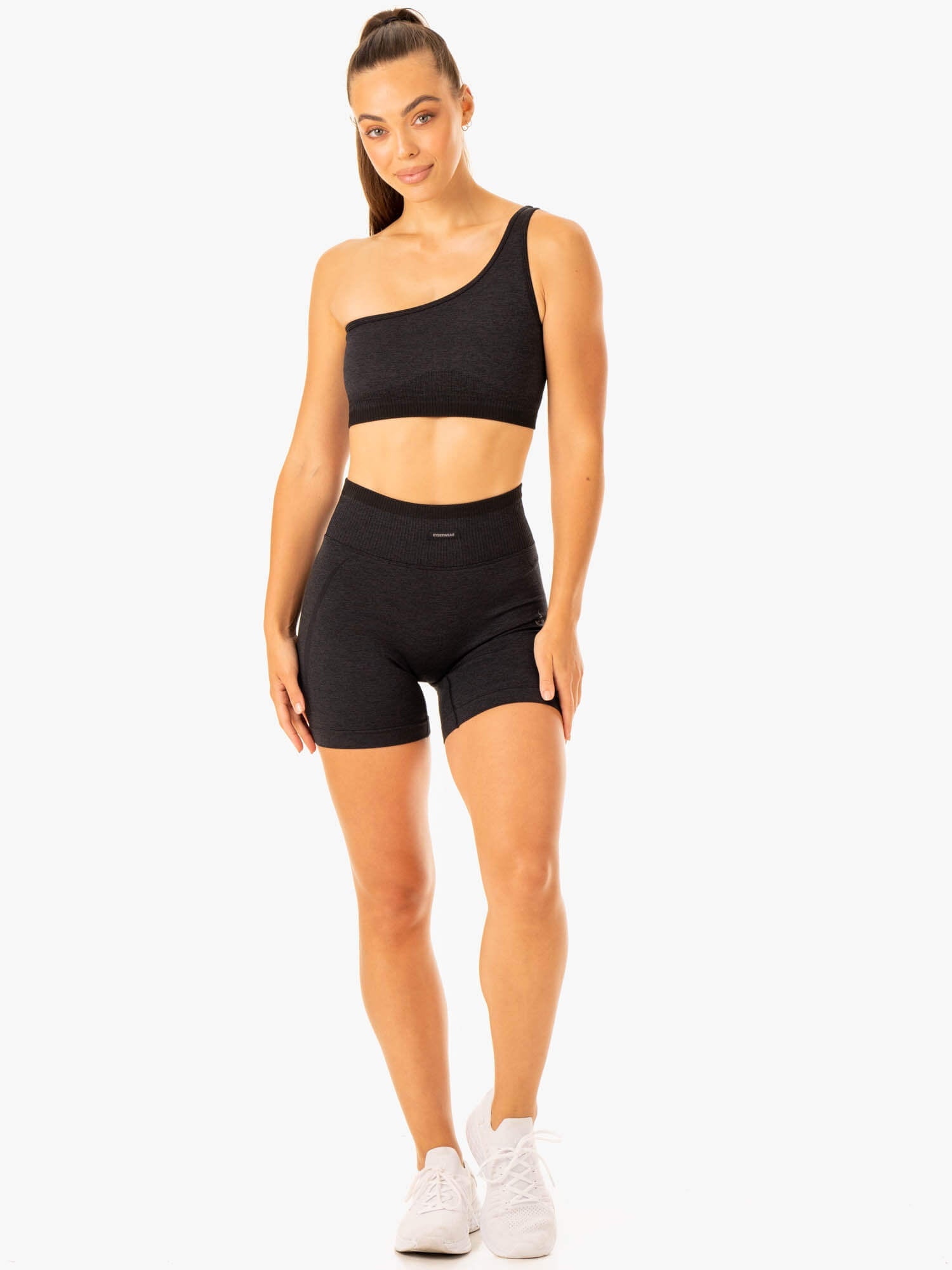 Excel Seamless One Shoulder Sports Bra for Women - Breathable Workout Top - Black Marl - Perfect for Yoga, Running & Gym