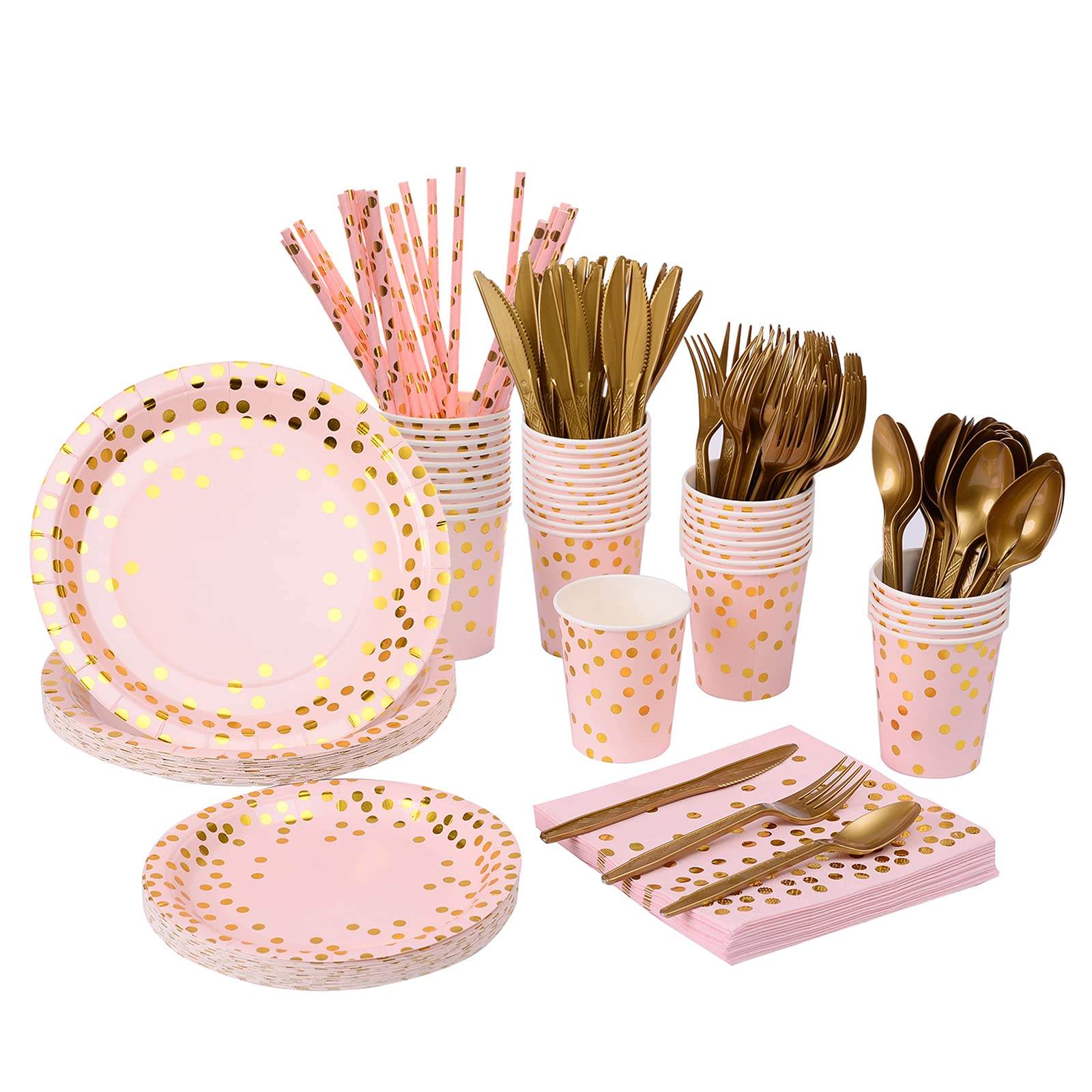 201-Piece Pink & Gold Party Supplies Set - Disposable Dinnerware for 25 Guests, Includes Pink Paper Plates, Cups, Napkins with Gold Dots & Gold Plastic Cutlery - Perfect for Baby Showers, Weddings, Bridal Showers & Birthday Parties (Elegant Pink & Gold Theme)