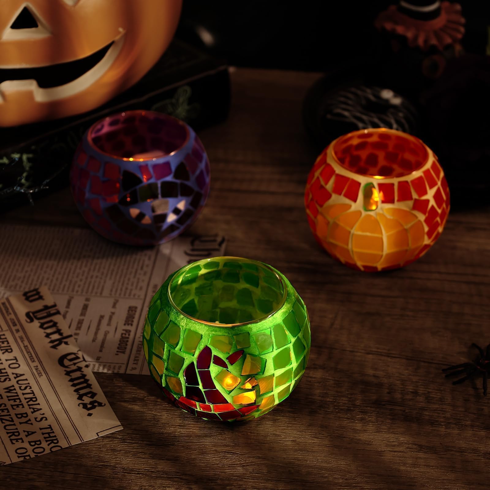 Black Cat Mosaic Glass Tealight Holders Set of 3 - Halloween Pumpkin Gothic Votive Candle Holders for Party Centerpiece & Dinner Table Decor - Perfect for Halloween Home Decor, Spooky Dinner Parties & Gothic Weddings (Candles Not Included)