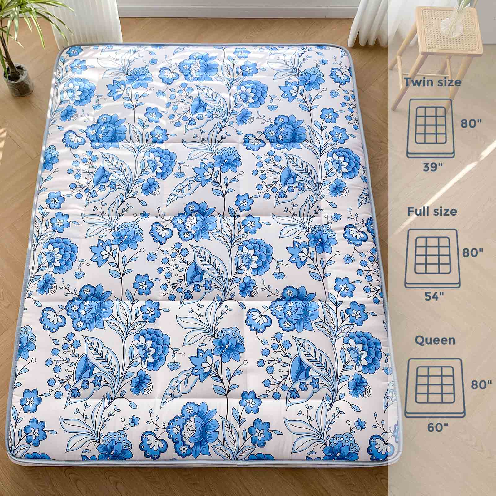 MAXYOYO Padded Japanese Floor Mattress - Floral Printed Futon Mattress & Folding Sleeping Pad for Guest Bed, Camping, Yoga & Meditation | Comfortable Floor Cushion for Small Spaces