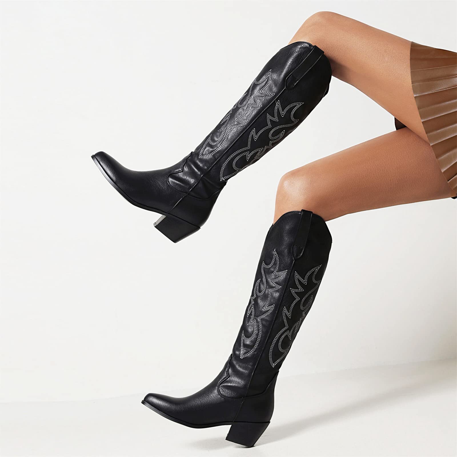 Lausiuoe Women's Cowboy Boots - Wide Calf & Wide Foot Western Cowgirl Boots with Embroidered Design, Chunky Heel, Knee High Fashion Boots for Country Style | Perfect for Rodeo, Line Dancing, and Western-Themed Events