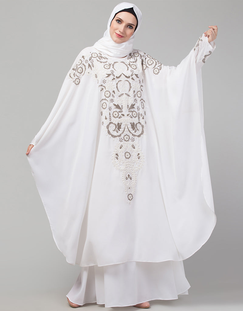 Elegant Arabic White Matt Nida Golden Embroidery Abaya Dress for Women - Perfect for Prayer, Special Occasions & Modest Fashion