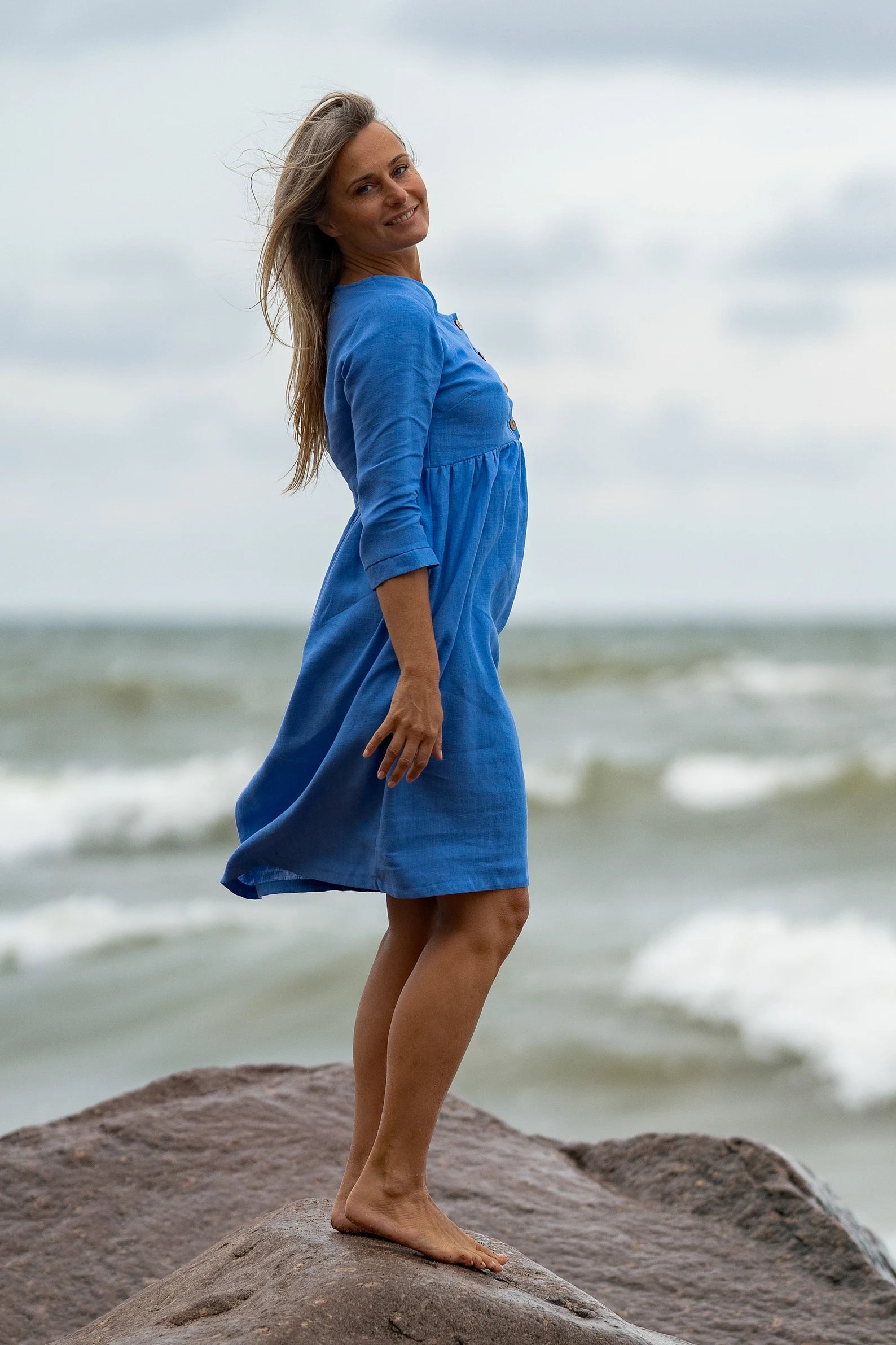 BARBARA Blue Linen Maternity Dress with 3/4 Sleeves - Comfortable Pregnancy Outfit for Casual Wear & Summer Maternity Photos