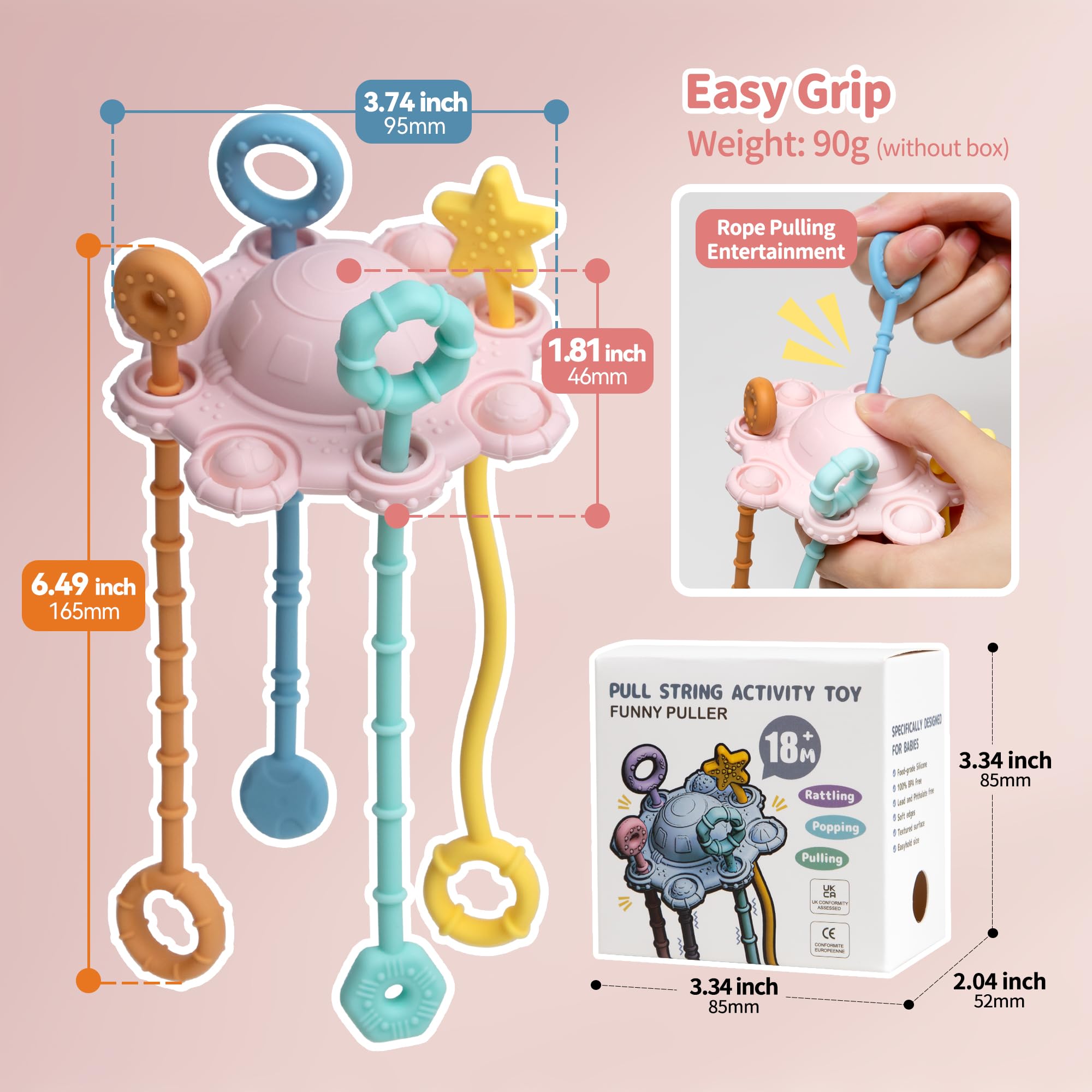 Montessori Baby Pull String Toy - 100% Food Grade Silicone with Built-in Rattle, Easy to Clean Teething Toy for Infants (Pink) - Perfect for Early Learning, Sensory Play & Soothing Teething Pain